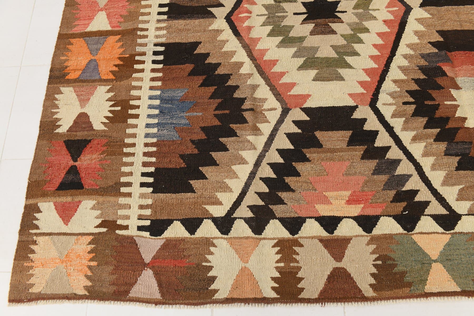 Kilim 391x306 cm, brązowy, beżowy, wełna, Turcja, lata 70. - 217810