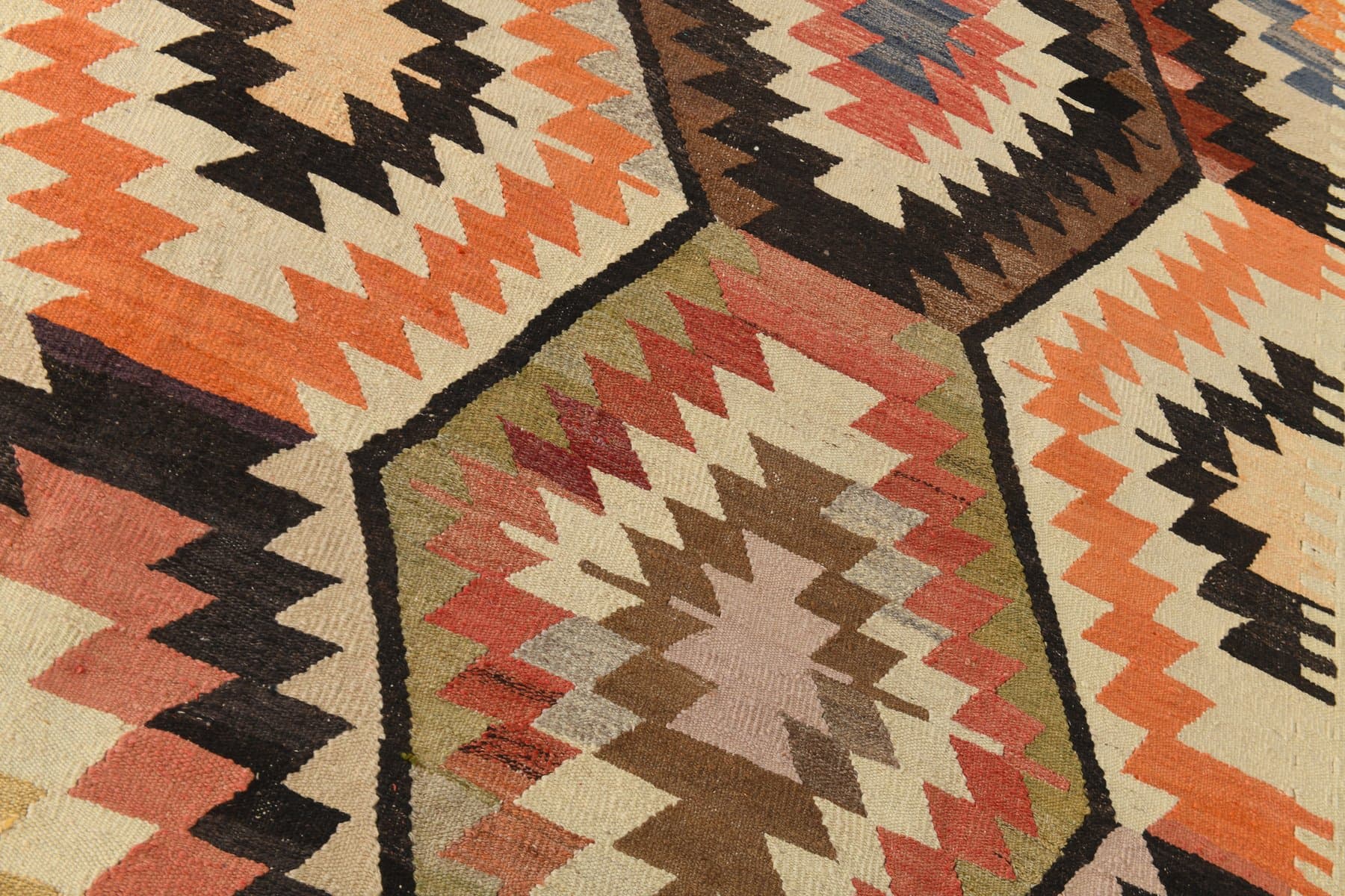 Kilim 391x306 cm, brązowy, beżowy, wełna, Turcja, lata 70. - 217808