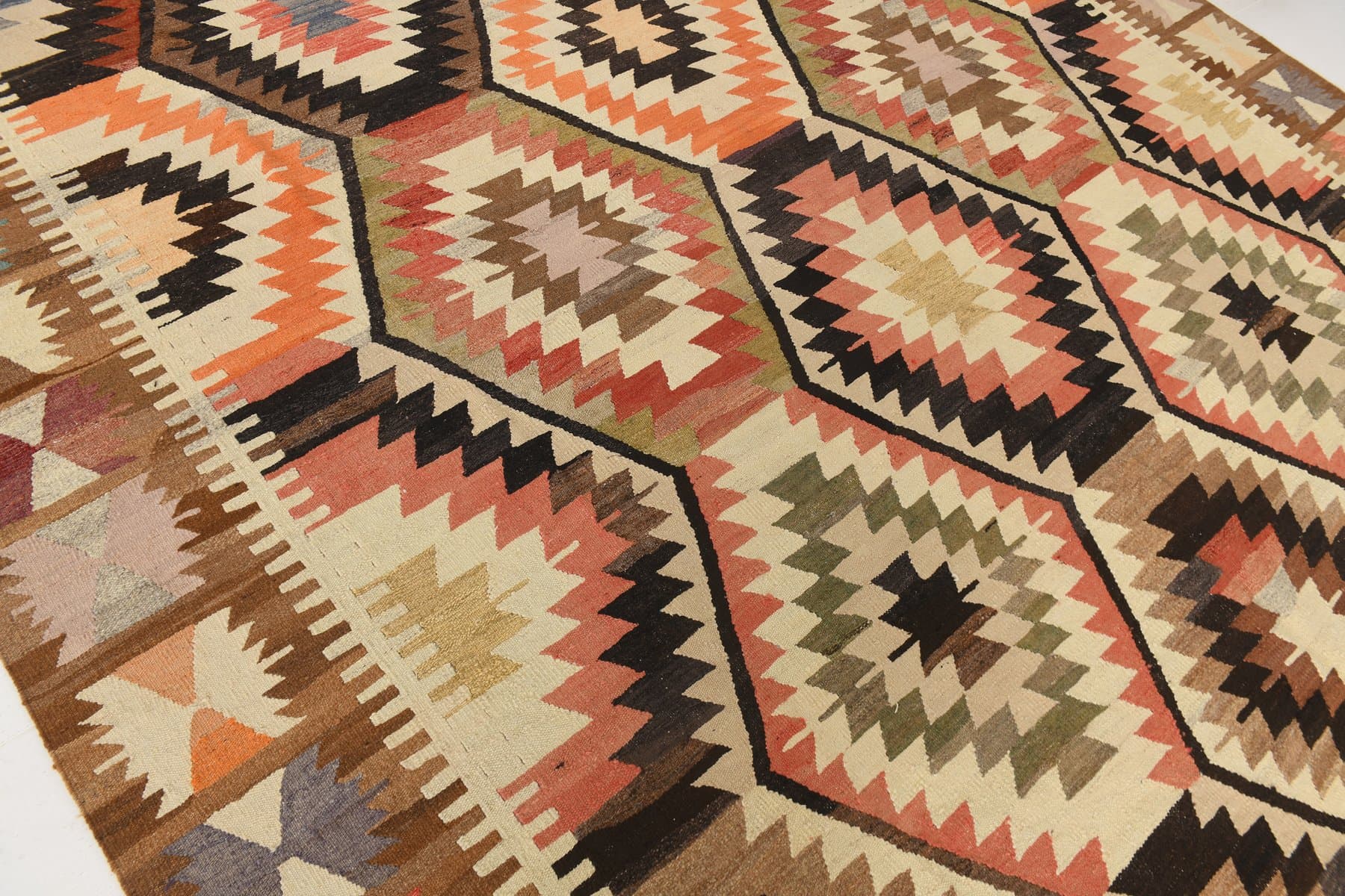 Kilim 391x306 cm, brązowy, beżowy, wełna, Turcja, lata 70. - 217807