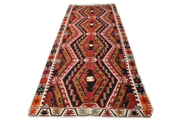 Kilim Rug 136x345 cm, black, brown, wool, Turkey, 1970s. - DIMENSION