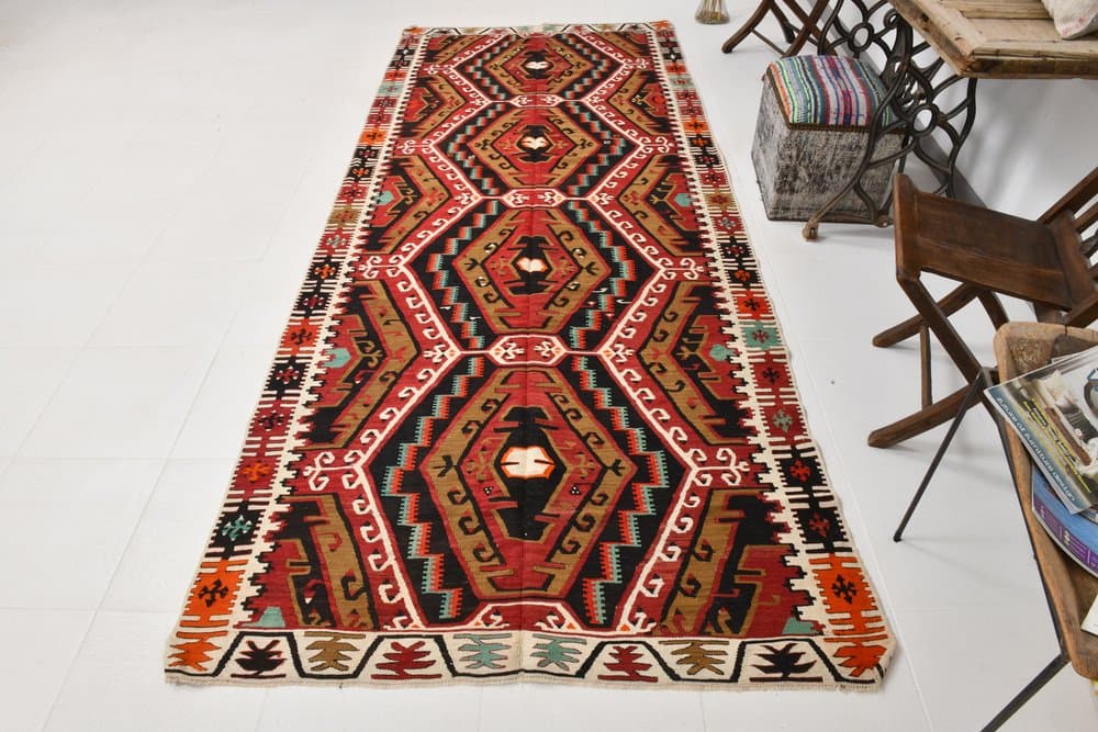 Kilim Rug 136x345 cm, black, brown, wool, Turkey, 1970s. - 217493