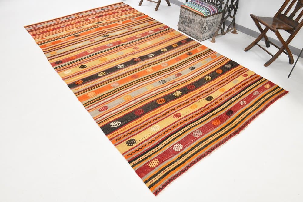 Kilim 171x322 cm, pomarańczowy, czerwony, wełna, Turcja, lata 70. - 217424