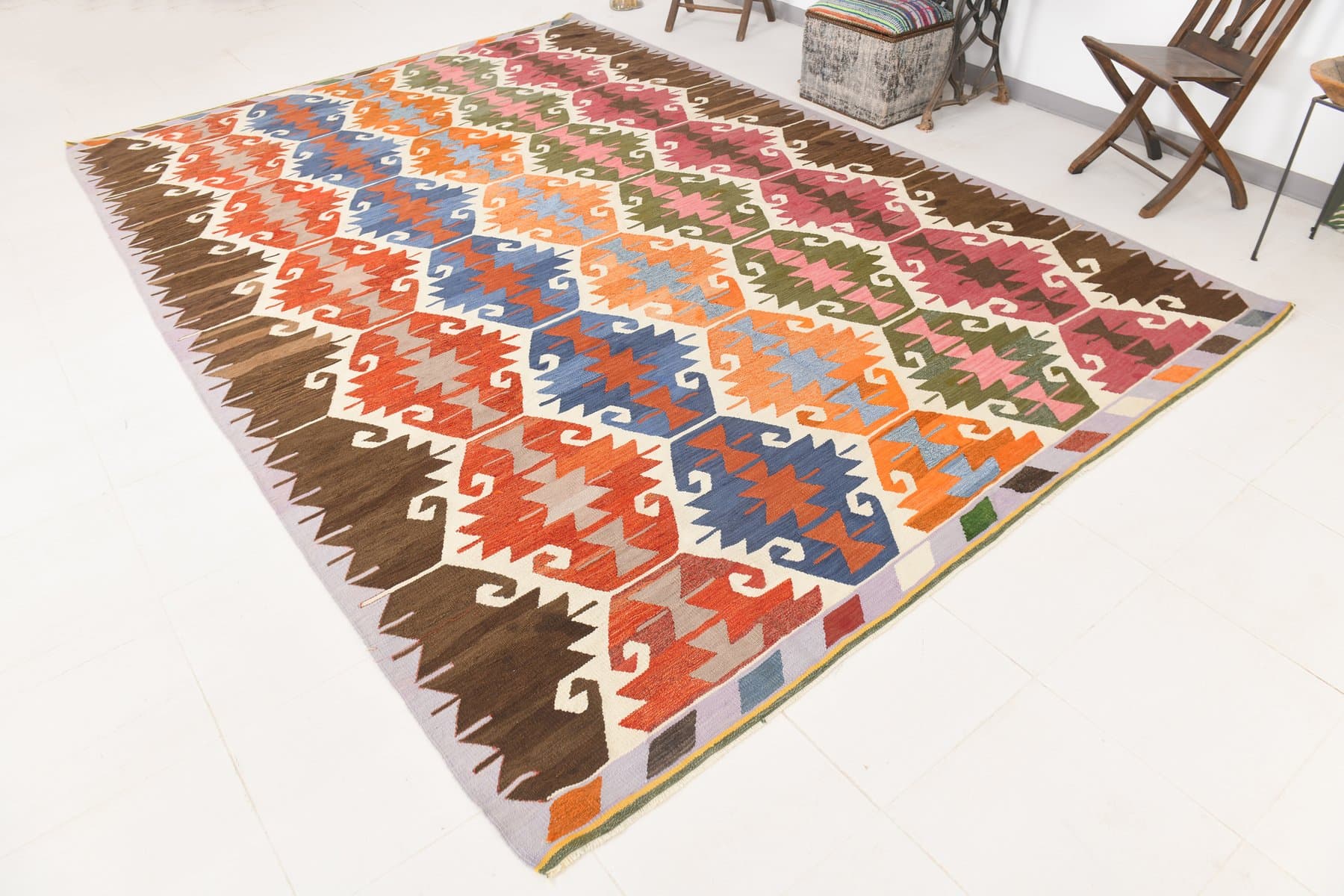 Kilim 368x253 cm, czerwony, zielony, wełna, Turcja, lata 60. - 217359