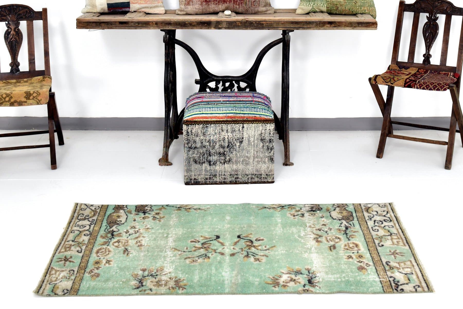 Rug 152x75 cm, Green, Wool, 1970s - 217277