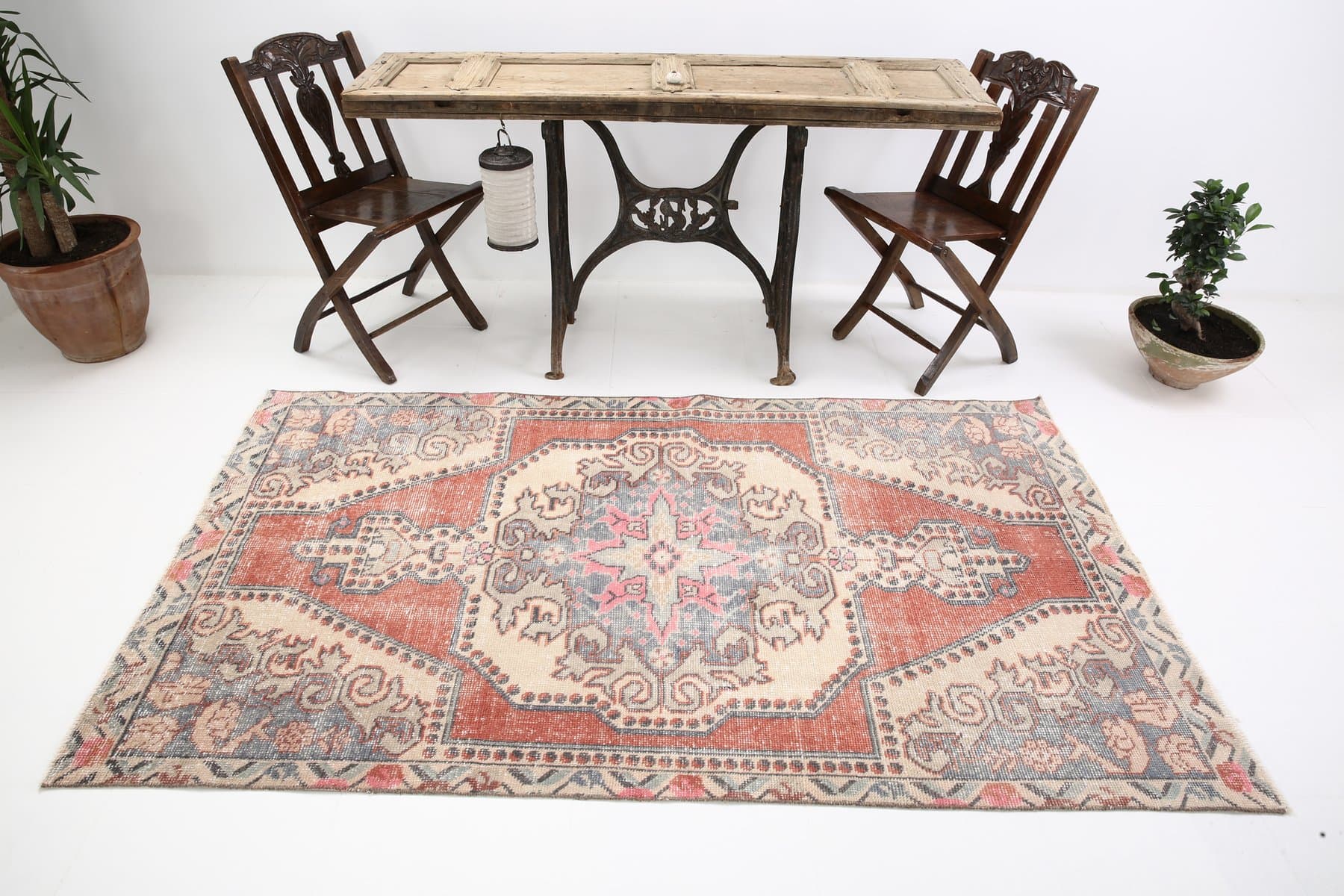 Rug 220x126 cm, Cream, Pink, Wool, 1970s - 217203