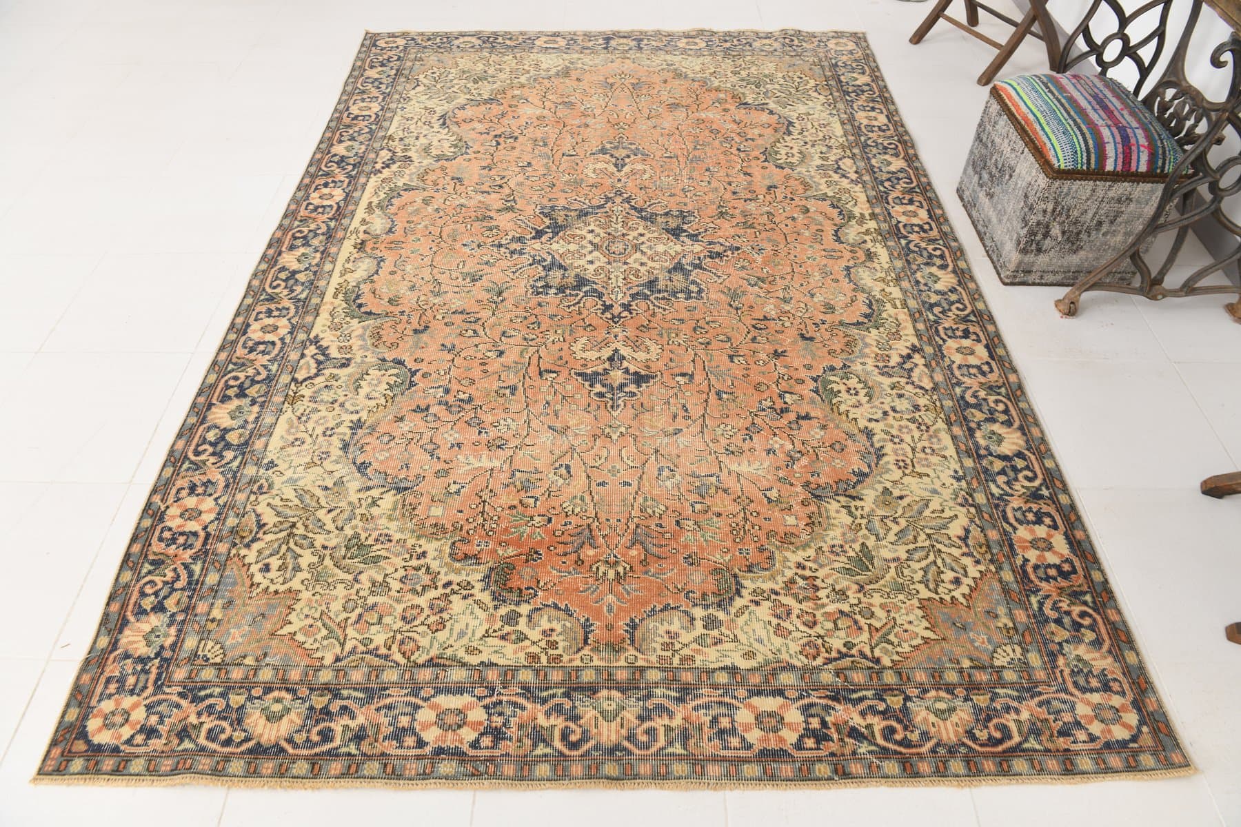 Rug 288x199 cm, Orange, Navy Blue, Wool, 1970s - 217119