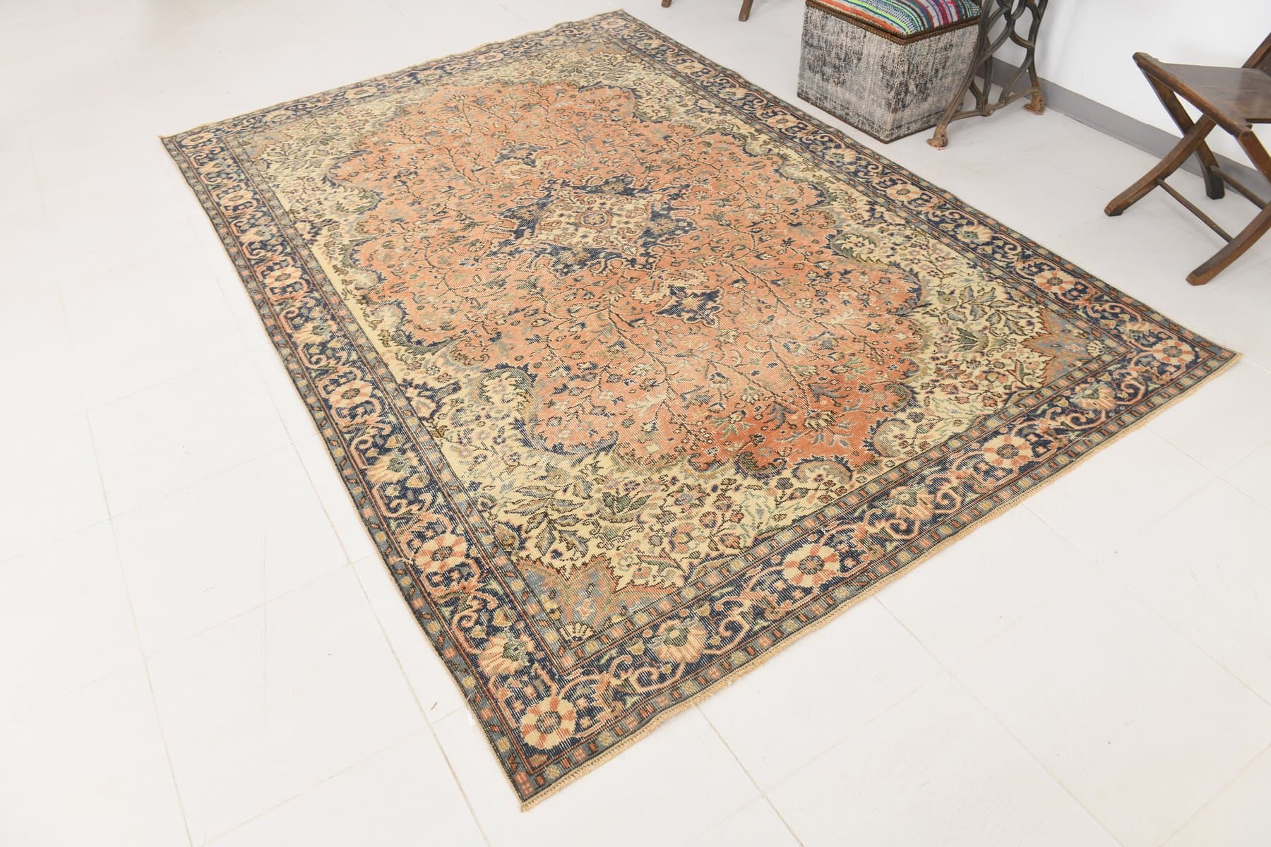 Rug 288x199 cm, Orange, Navy Blue, Wool, 1970s - 217111