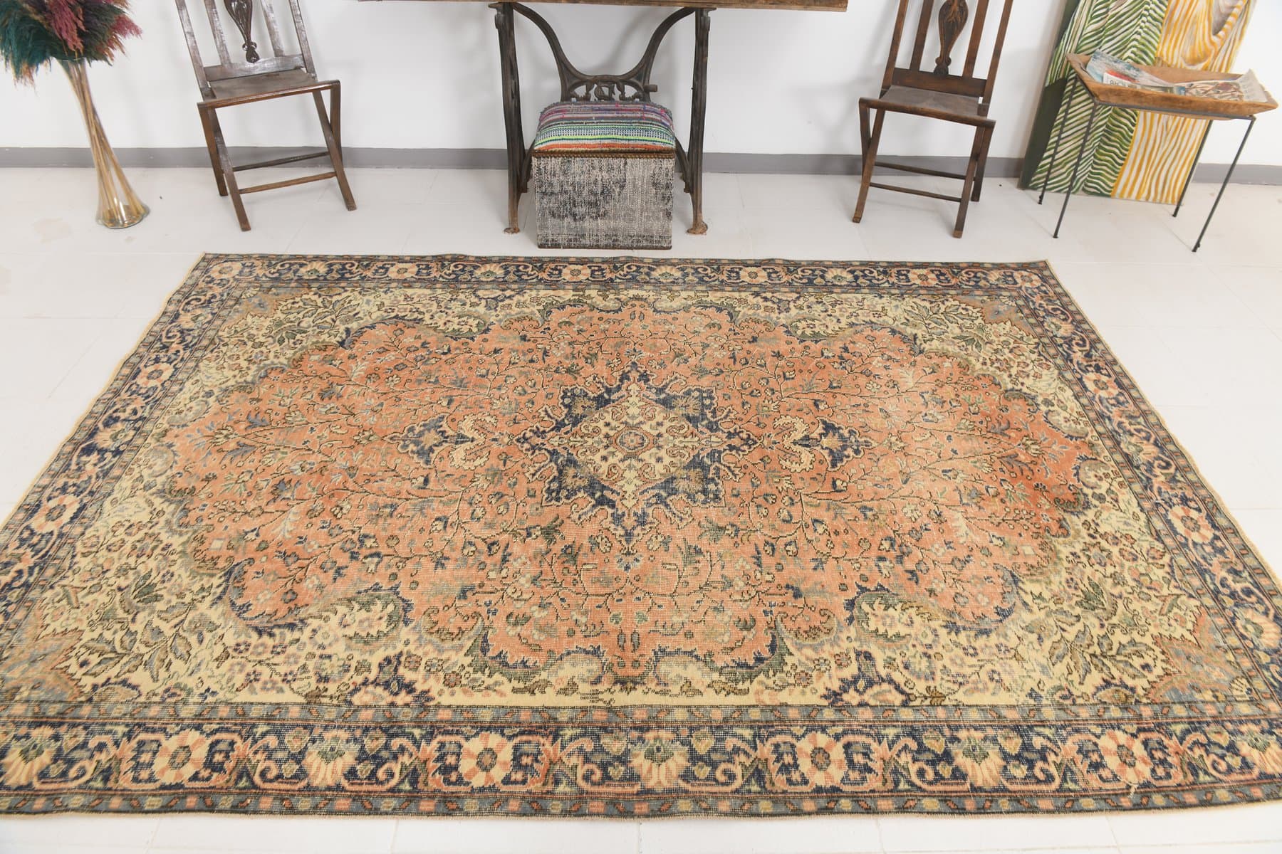 Rug 288x199 cm, Orange, Navy Blue, Wool, 1970s - 217112