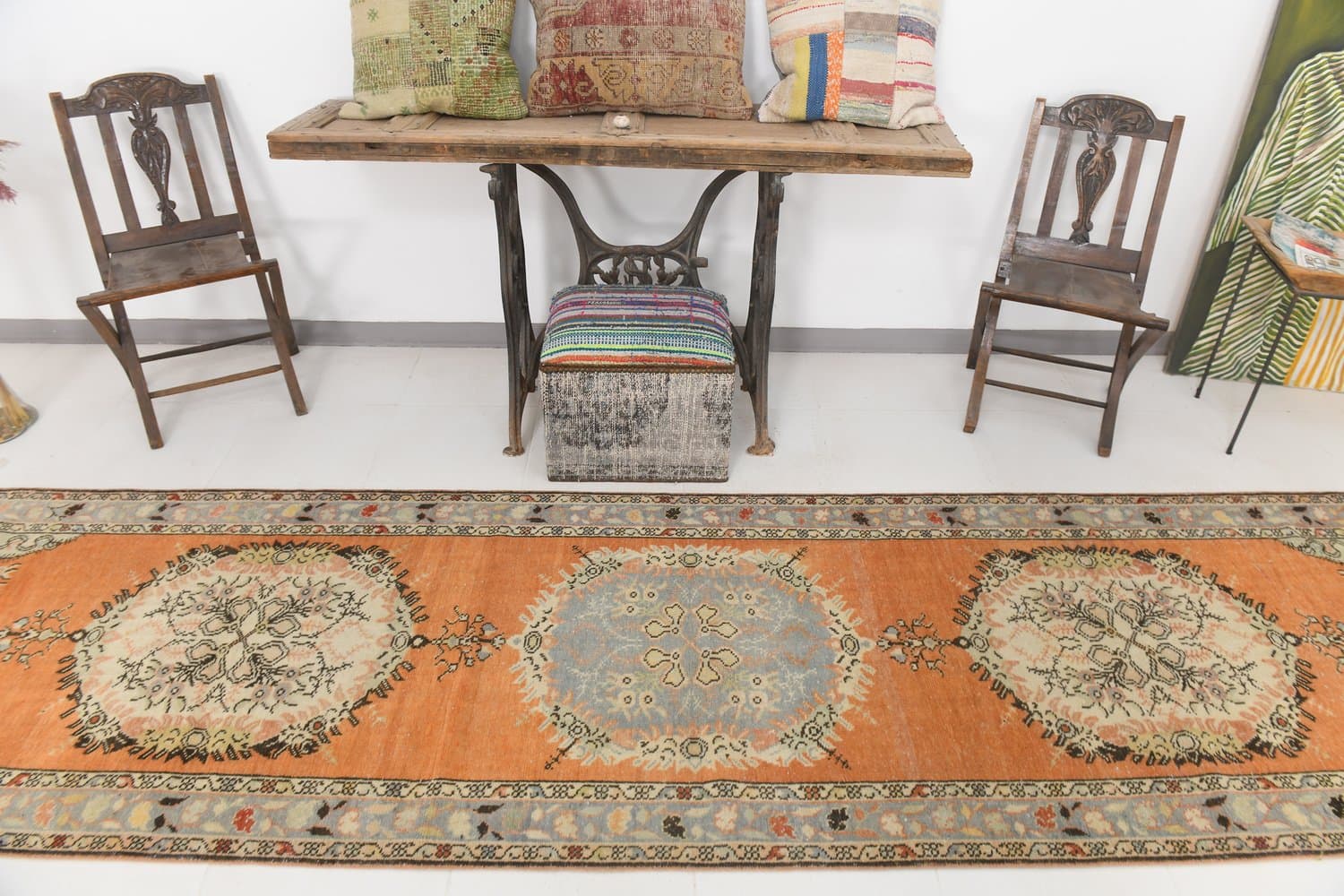 Chodnik 387x101 cm, pomarańczowy, niebieski, wełna, lata 70. - 217075