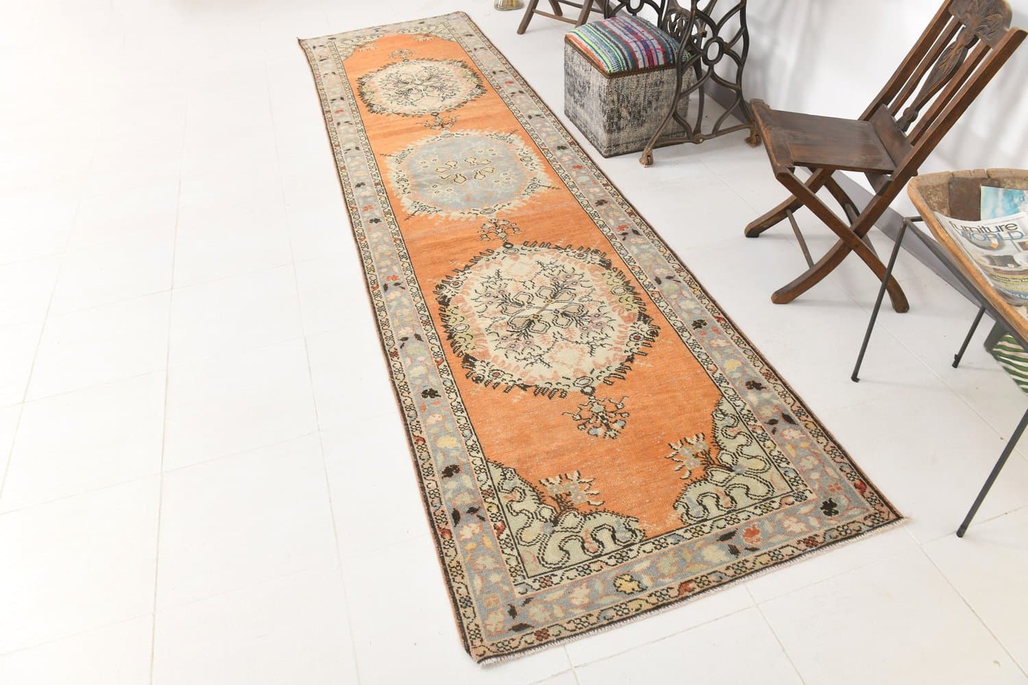 Chodnik 387x101 cm, pomarańczowy, niebieski, wełna, lata 70. - 217068