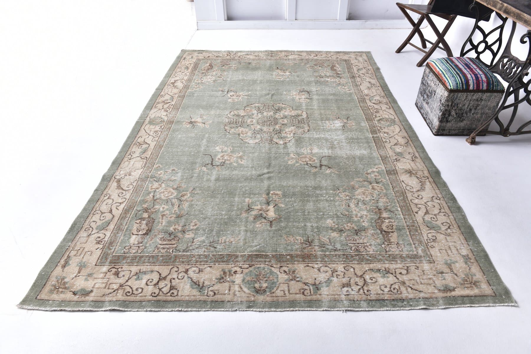 Rug 298x203 cm, Green, Beige, Wool, 1970s - 217040