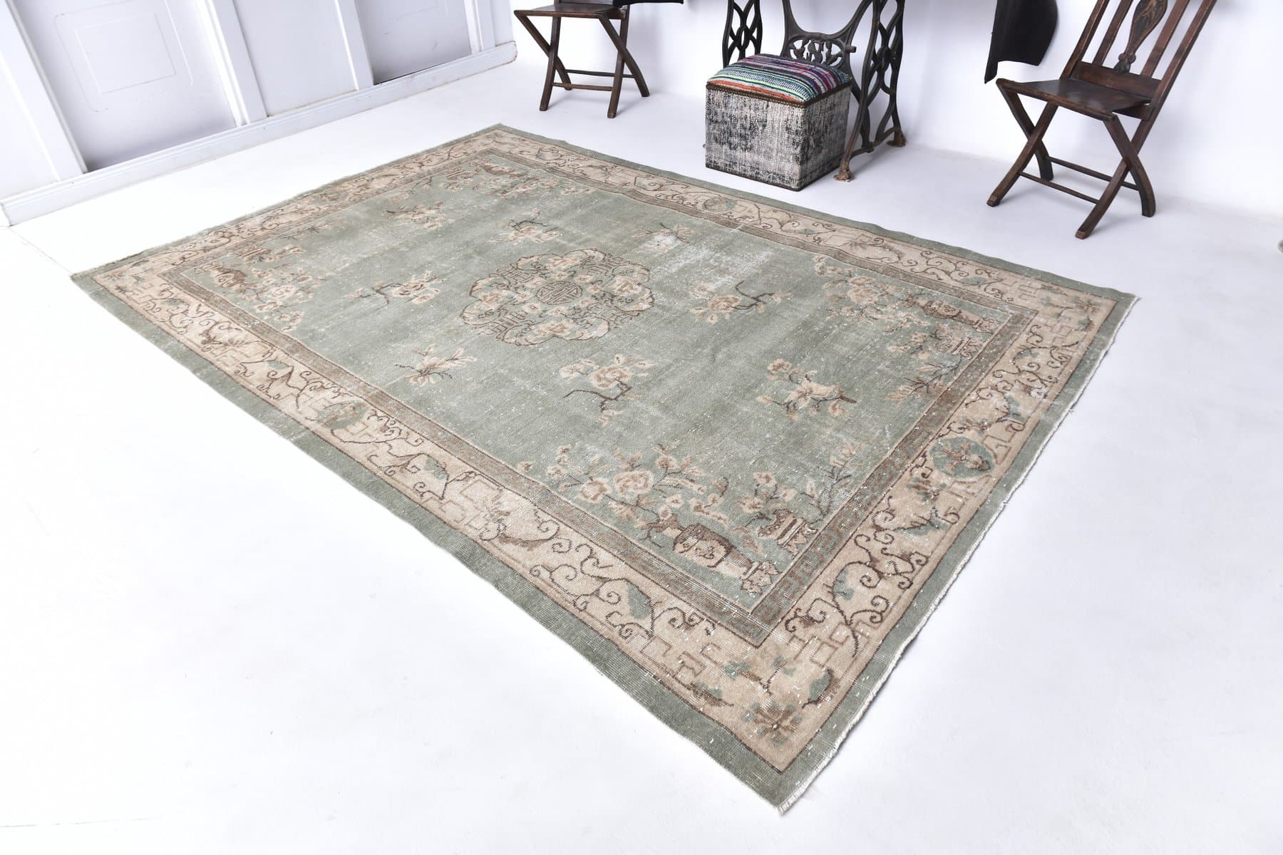 Rug 298x203 cm, Green, Beige, Wool, 1970s - 217039