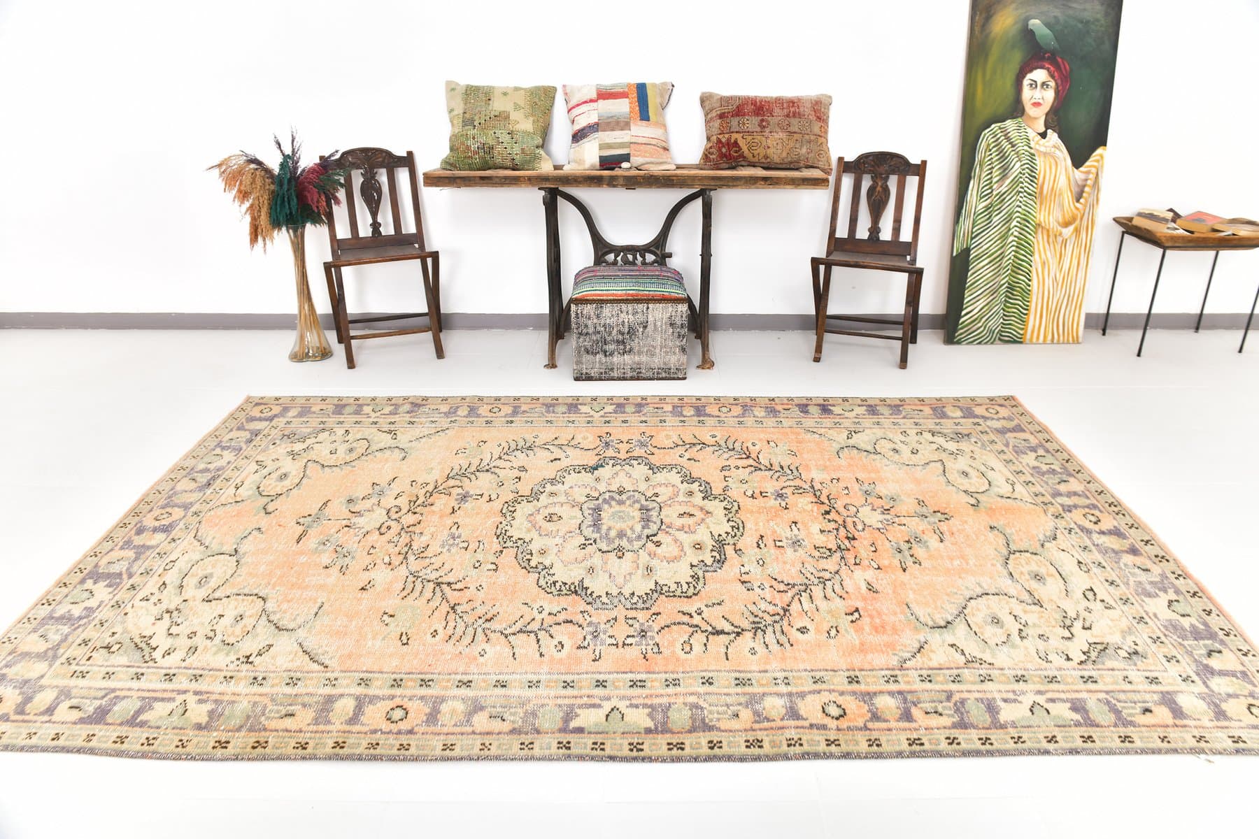 Dywan 183x305 cm, pomarańczowy, beżowy, wełna, Turcja, lata 70. - 216888