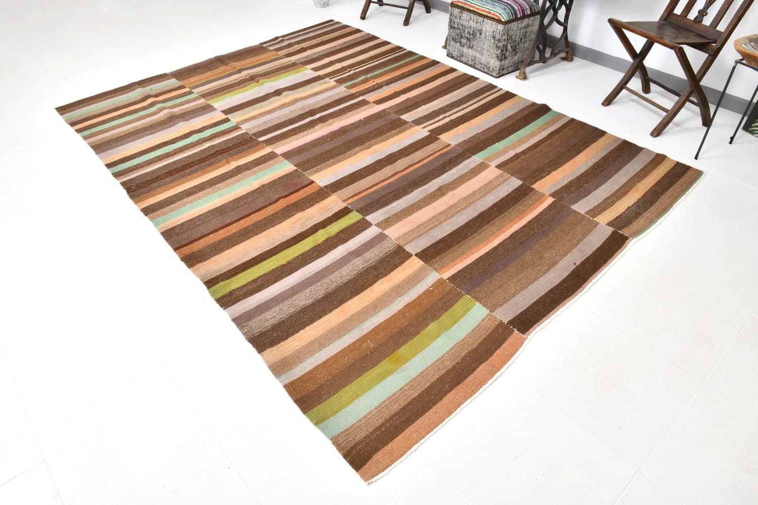 Kilim 291x210 cm, brązowy, zielony, wełna, Turcja, lata 70. - 216861