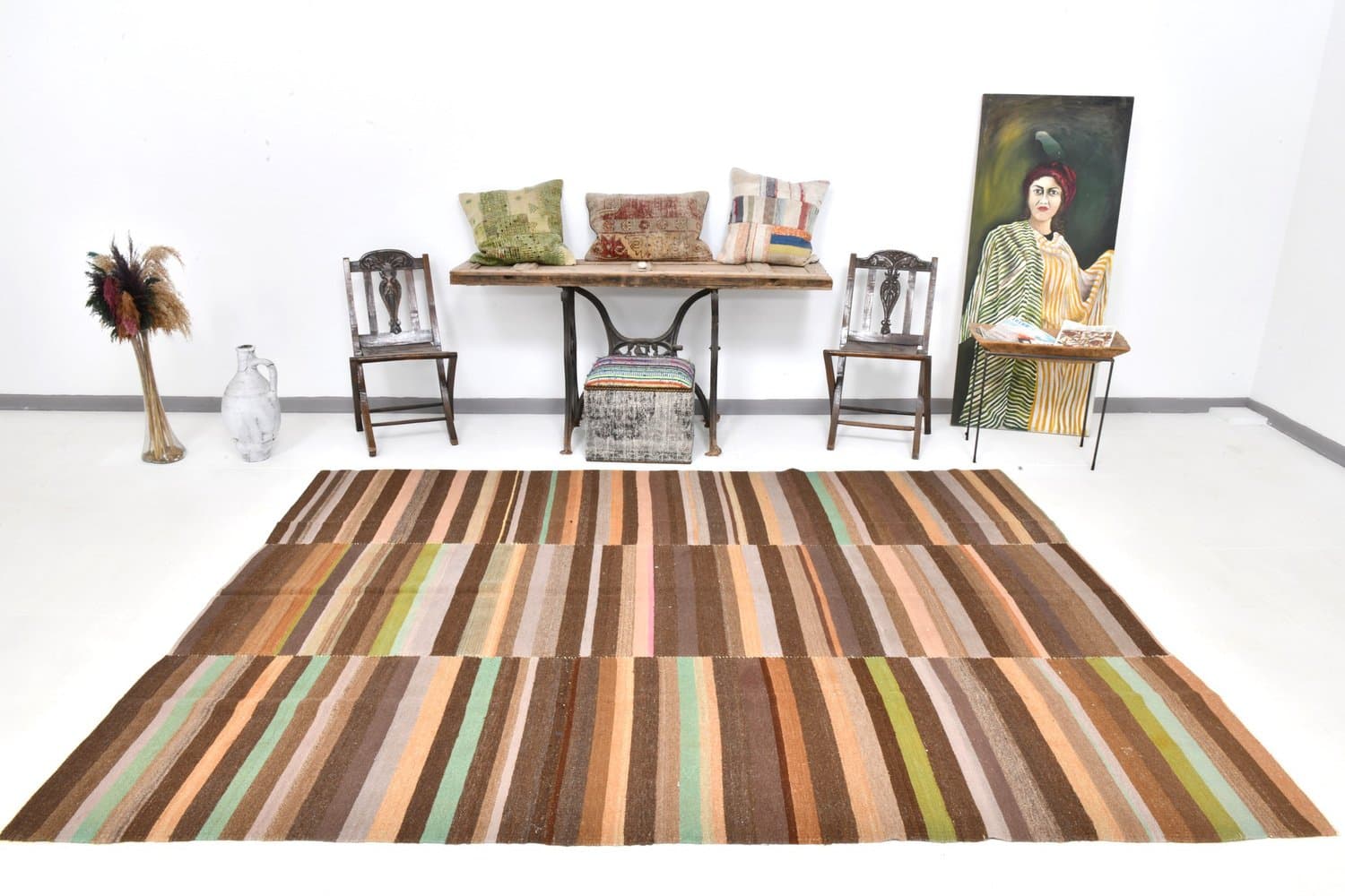 Kilim 291x210 cm, brązowy, zielony, wełna, Turcja, lata 70. - 216860