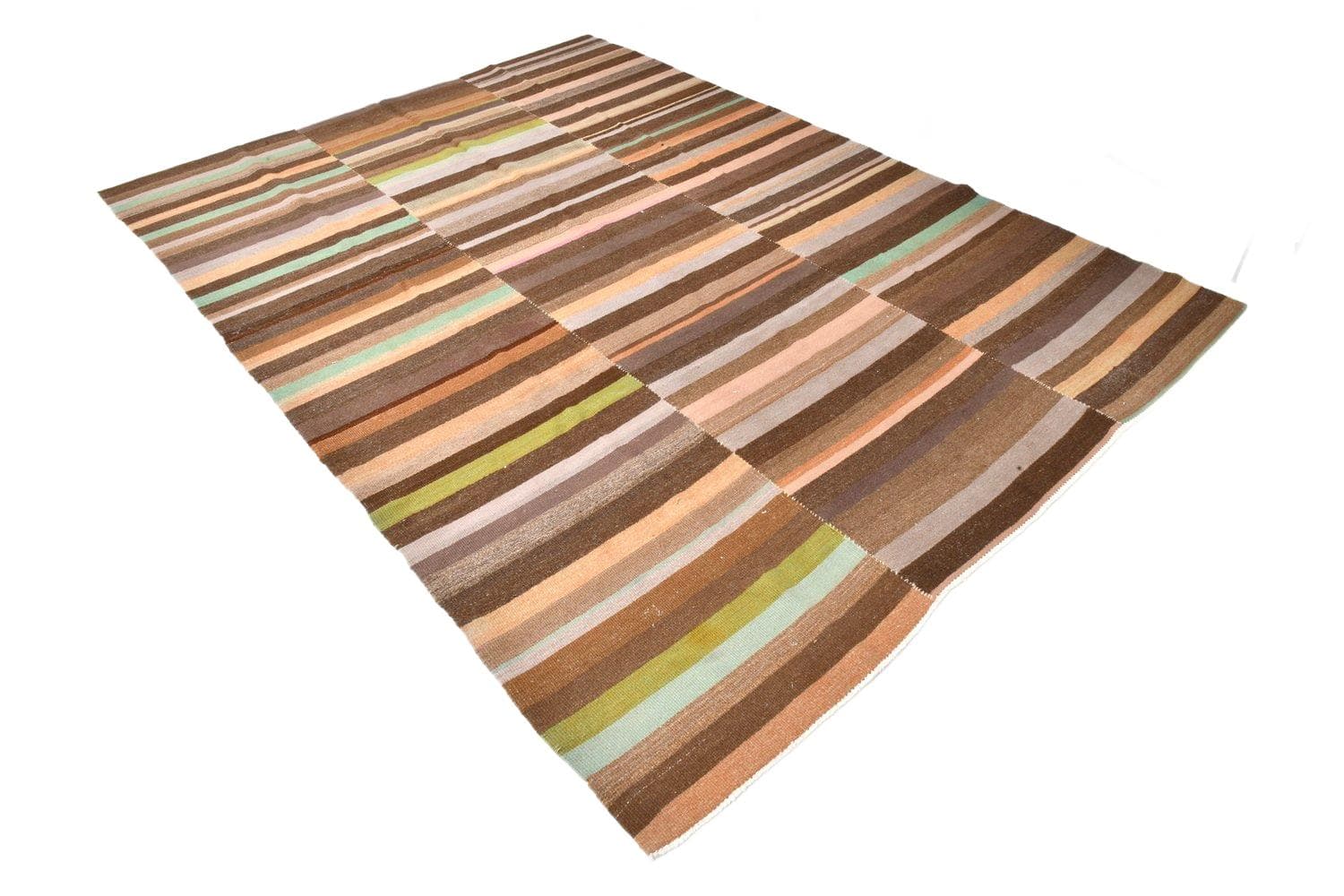 Kilim 291x210 cm, brązowy, zielony, wełna, Turcja, lata 70.