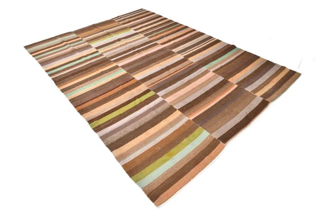 Kilim 291x210 cm, brązowy, zielony, wełna, Turcja, lata 70. - WYMIARY