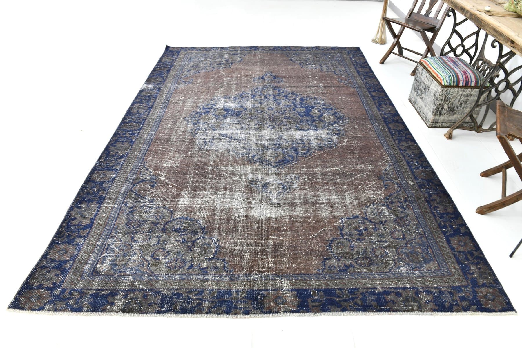 Rug 320x218 cm, Silver, Navy Blue, Wool, 1970s - 216835