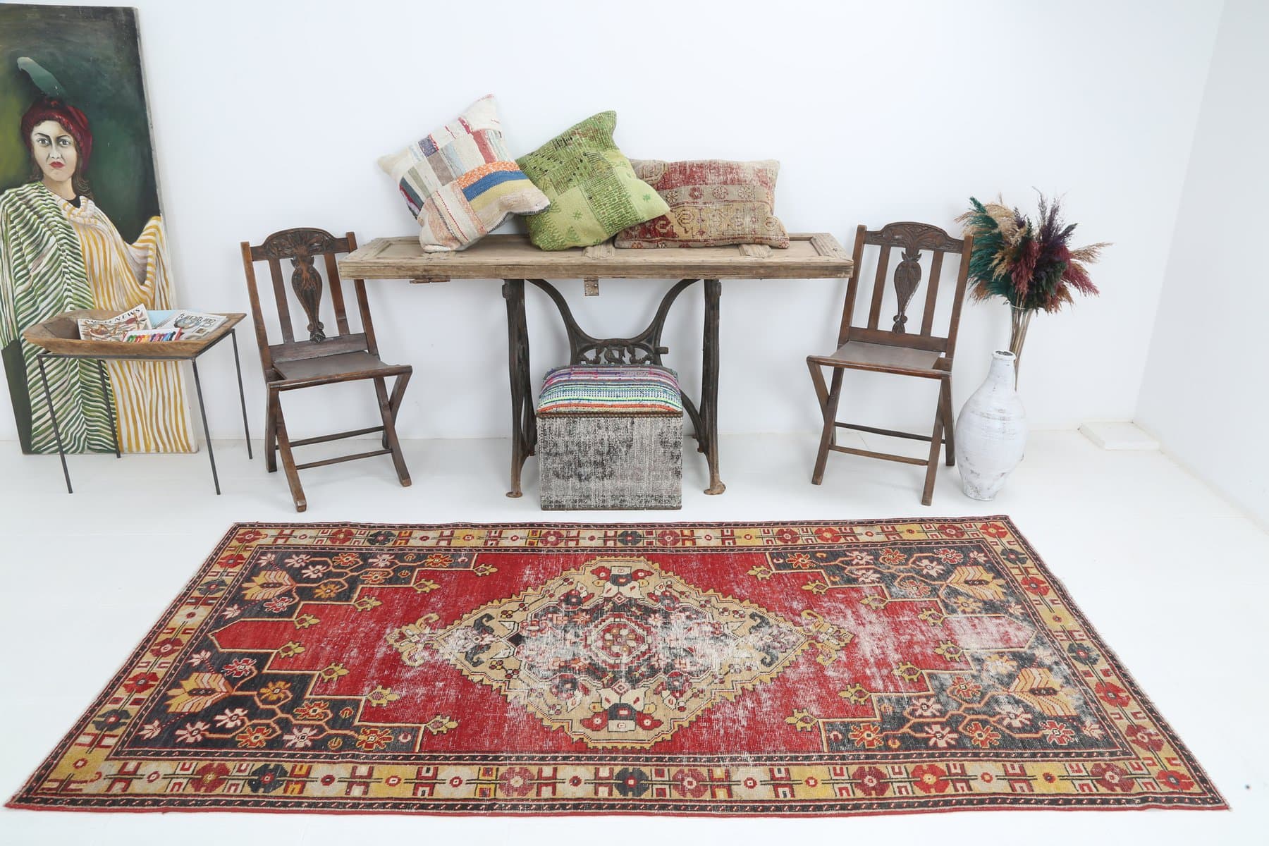 Dywan 123x248 cm, czerwony, beżowy, wełna, lata 70. - 216751