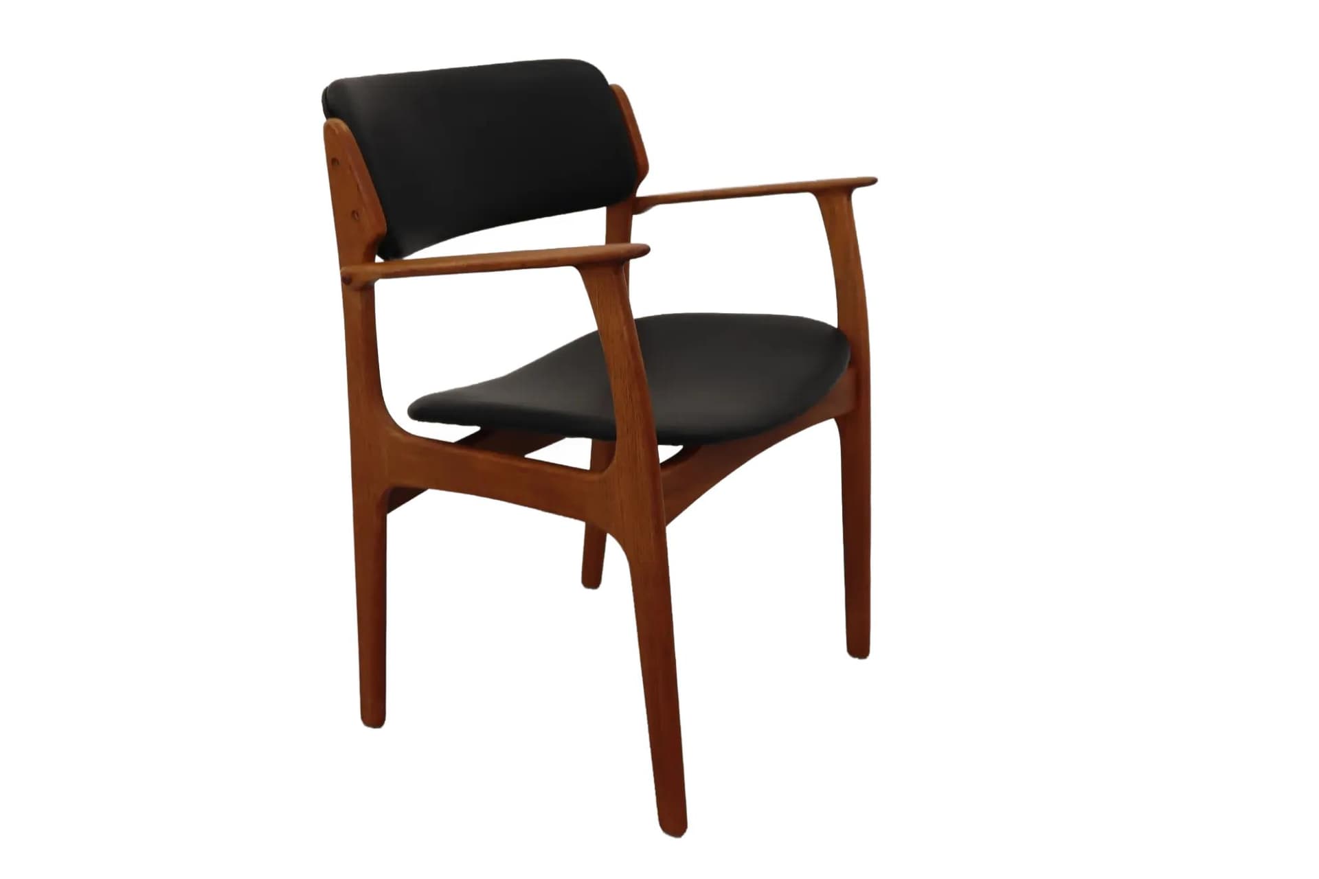 Chair, brown teak, black leather, by E. Buch, Denmark, 1960s.