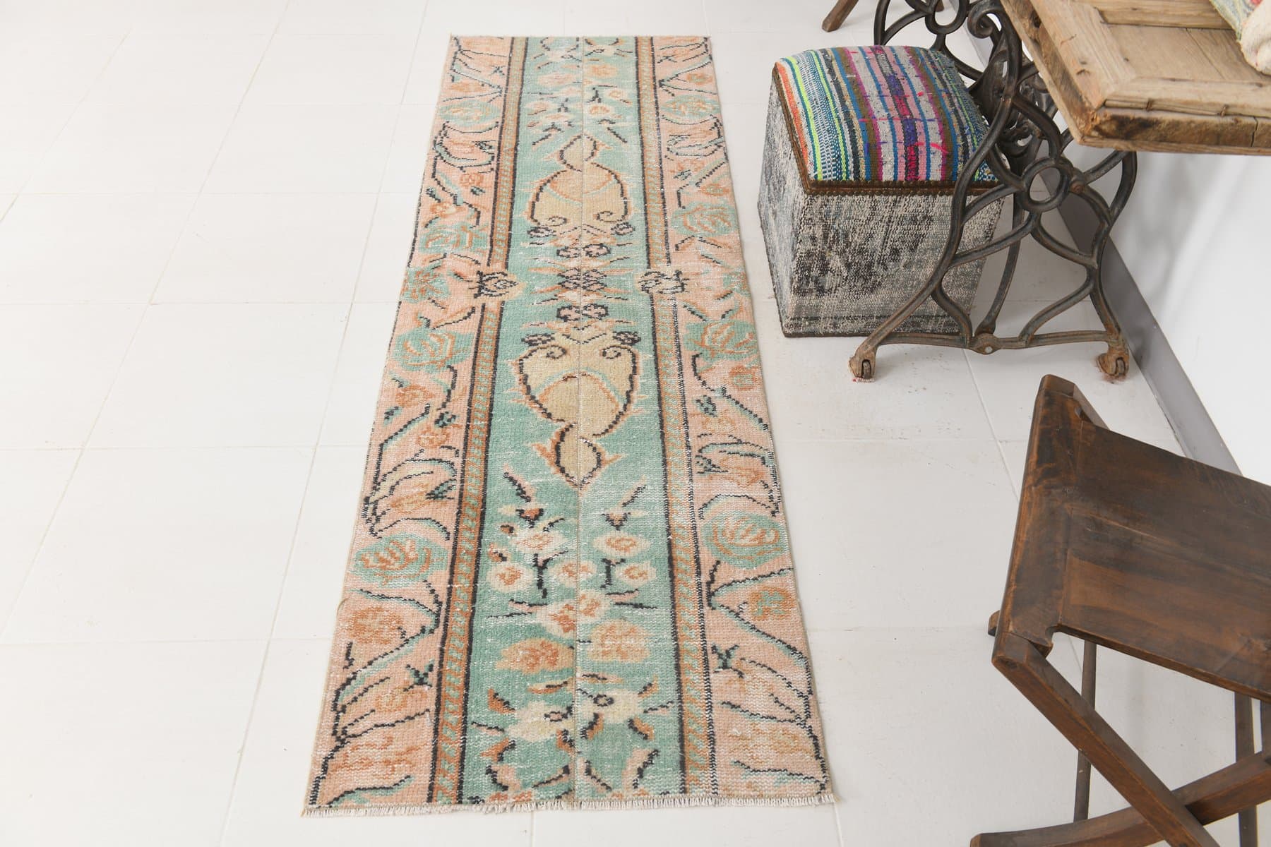 Chodnik 225x70 cm, turkusowy, wełna, lata 70. - 215915