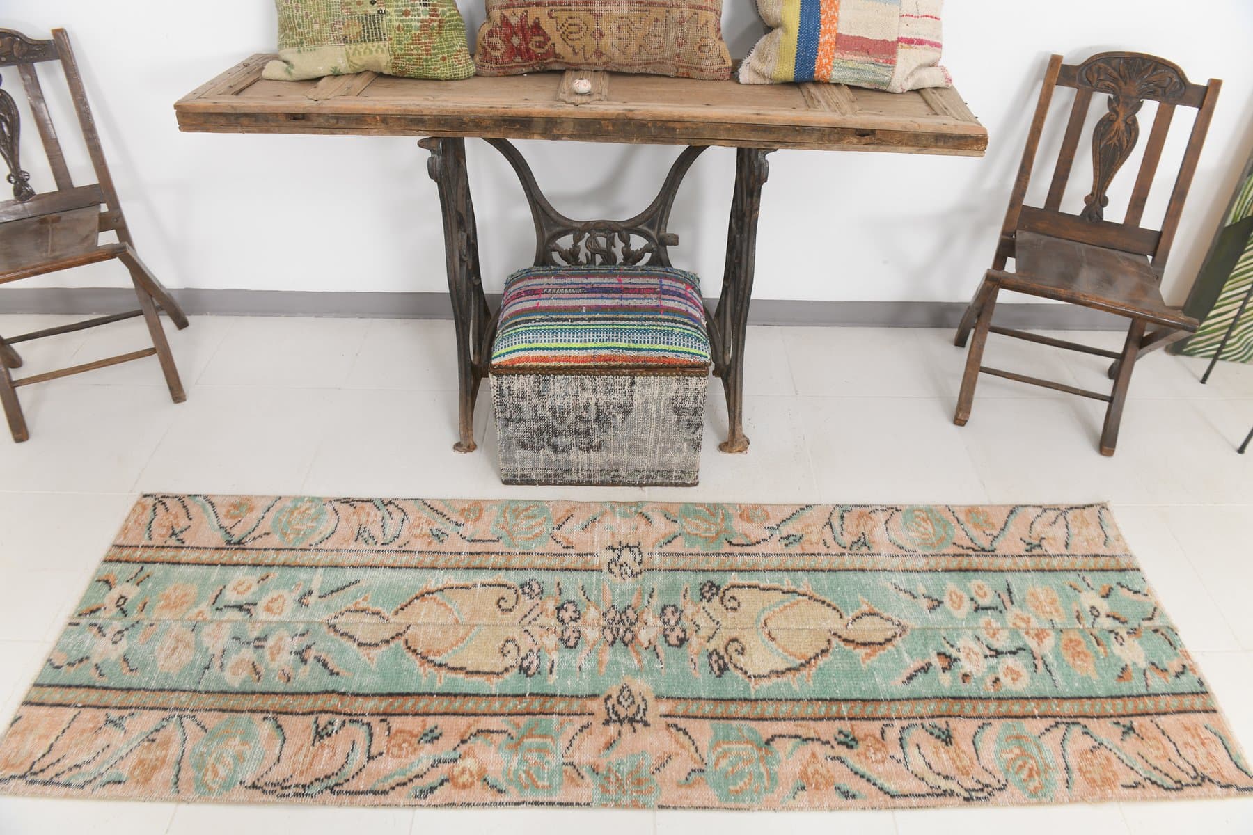 Chodnik 225x70 cm, turkusowy, wełna, lata 70. - 215917