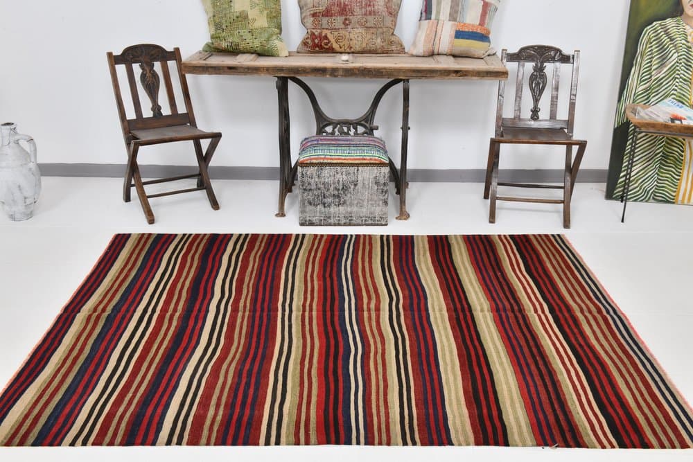 Kilim 228x156 cm, Red, Green, Wool, 1970s - 215836