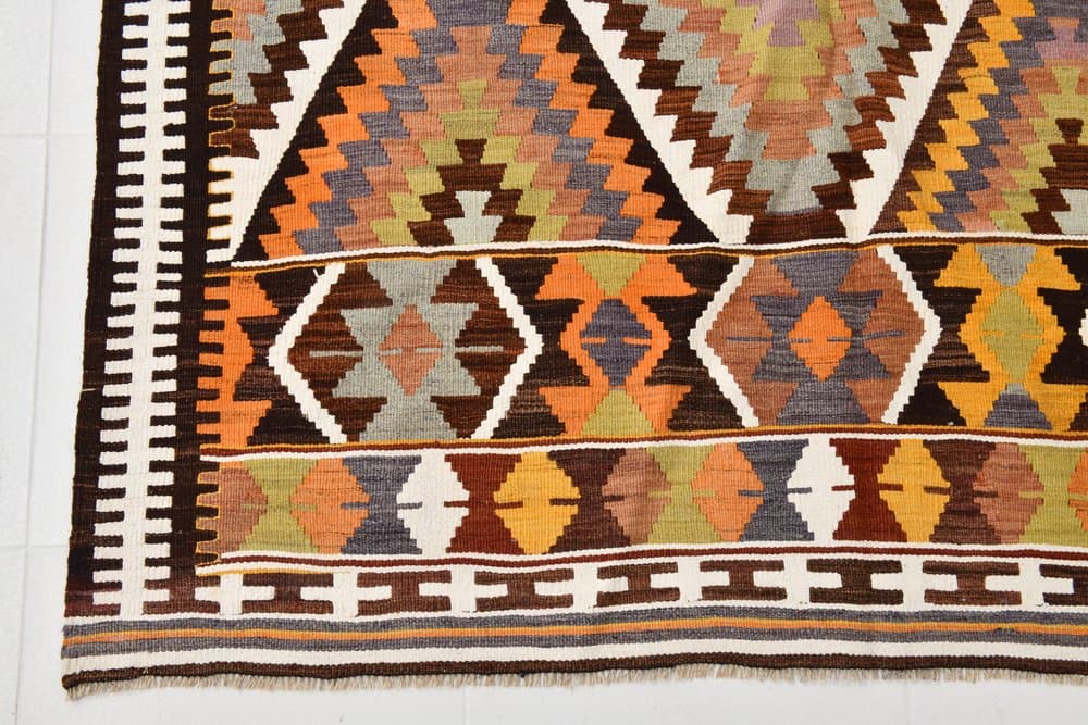 Kilim 152x250 cm, brązowy, pomarańczowy, wełna, lata 70. - 215829