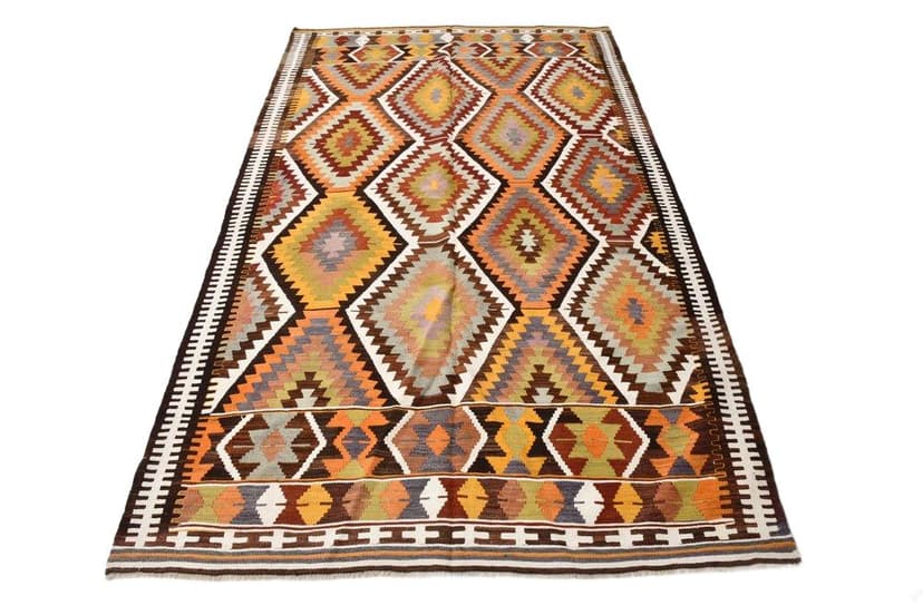Kilim 152x250 cm, brązowy, pomarańczowy, wełna, lata 70.