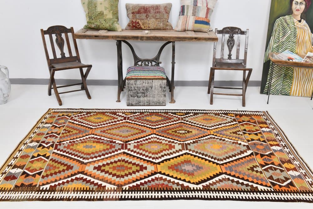 Kilim 152x250 cm, brązowy, pomarańczowy, wełna, lata 70. - 215825