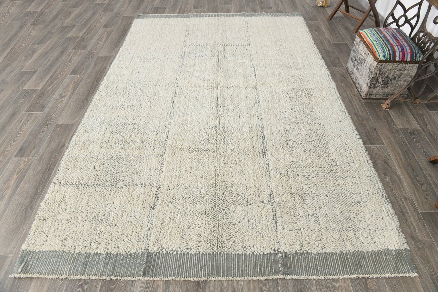 Kilim 197x307 cm, ivory white, grey, wool, 1970s - 215803