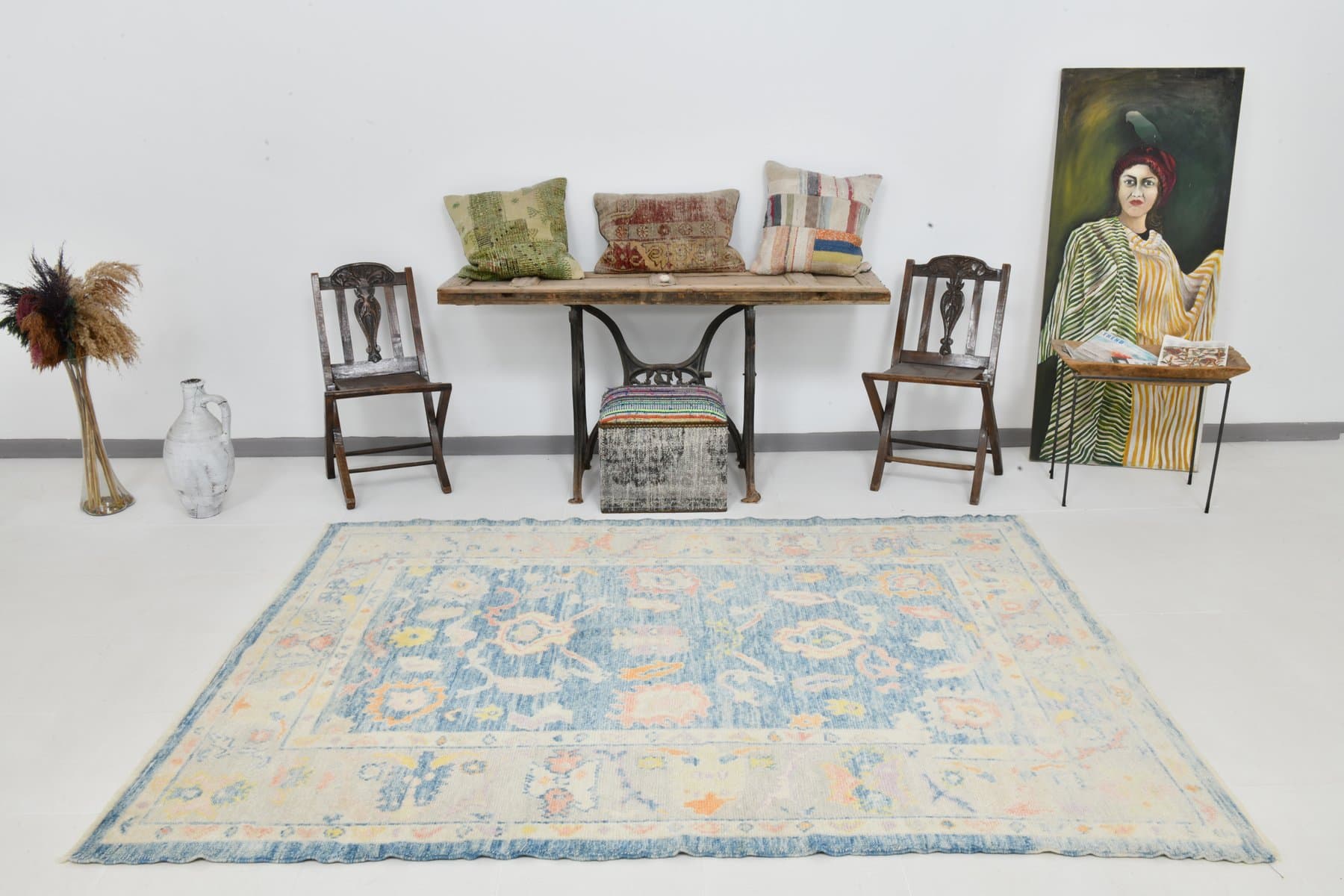 Rug 179x246 cm, Blue, Cream, Wool, 1970s - 215783