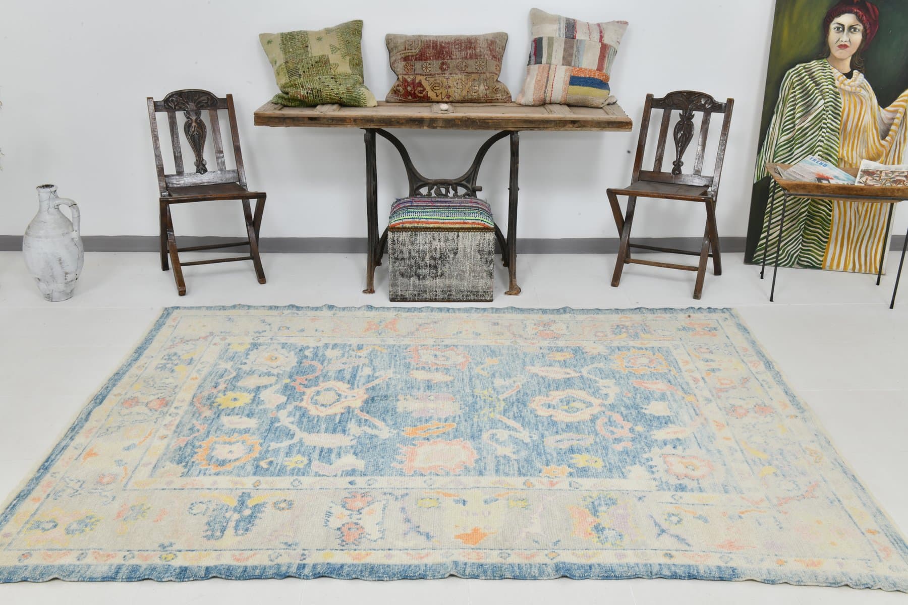 Rug 179x246 cm, Blue, Cream, Wool, 1970s - 215781