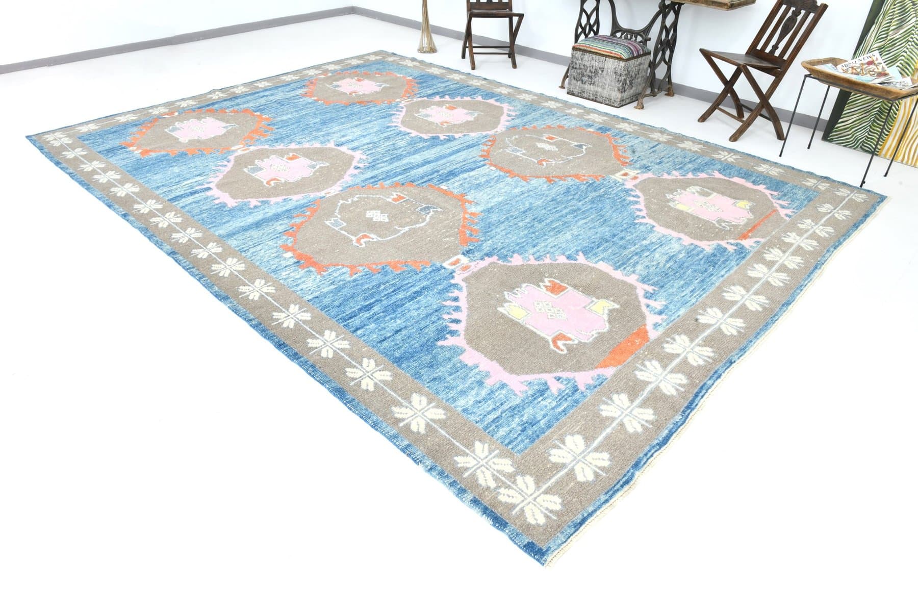 Dywan 305x422 cm, niebieski, szary, wełna, lata 70. - 215767