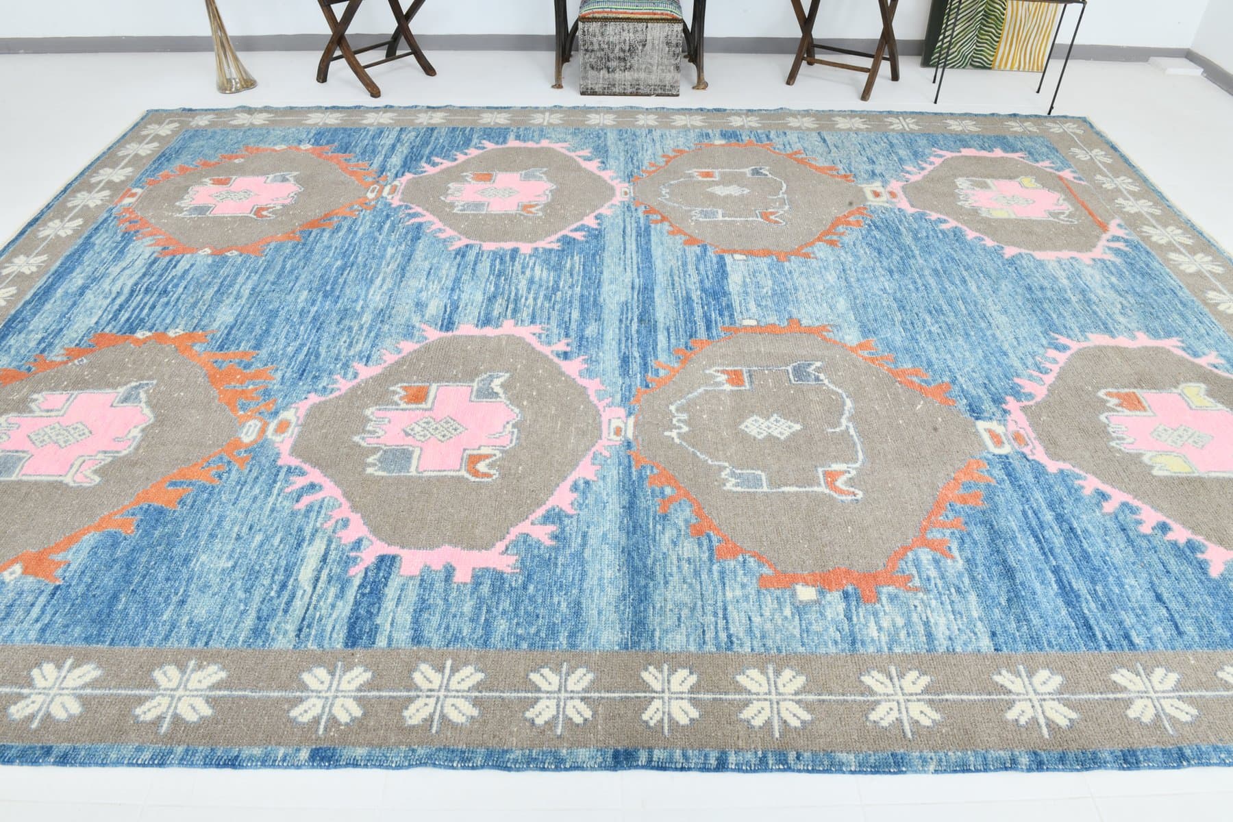 Dywan 305x422 cm, niebieski, szary, wełna, lata 70. - 215768