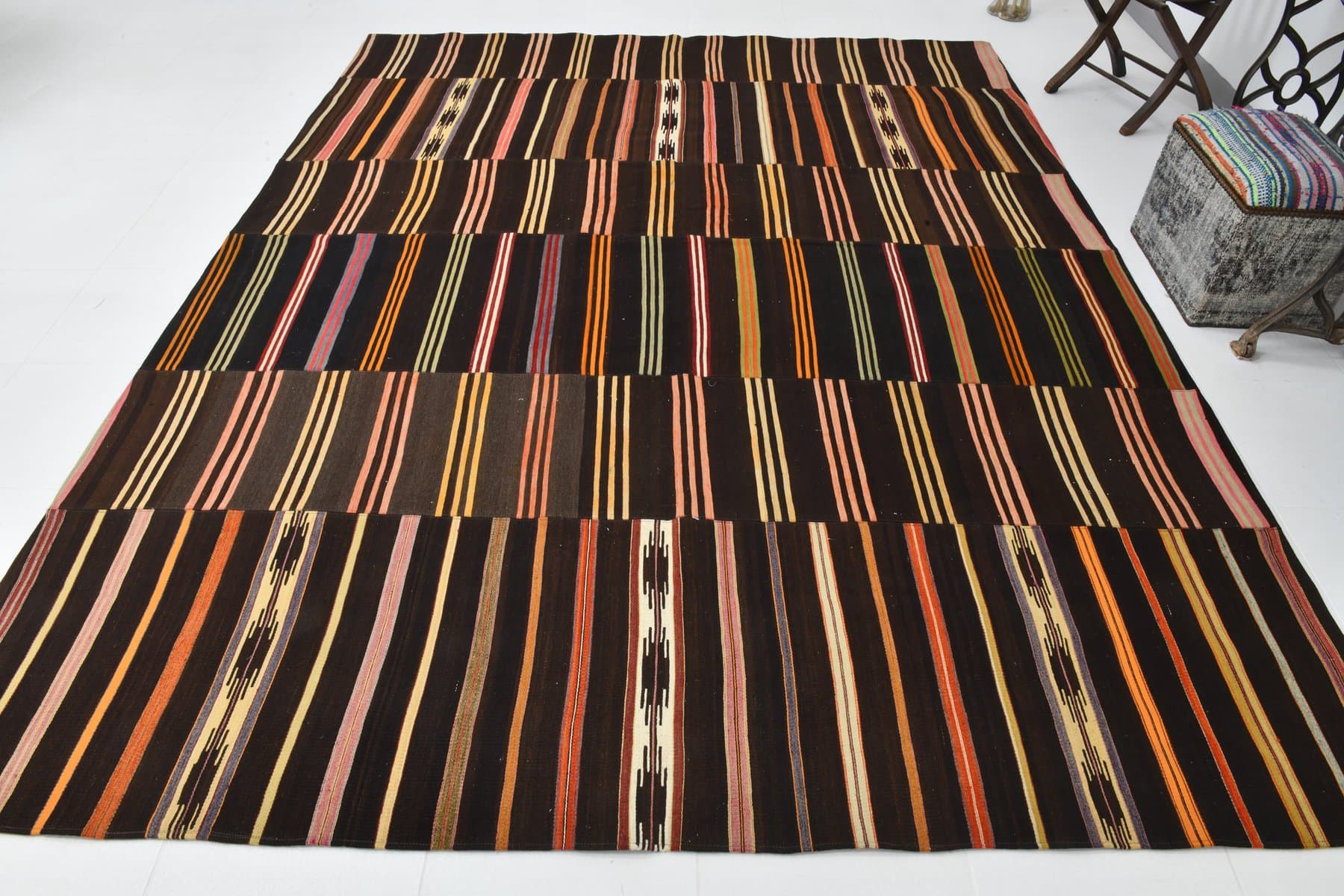 Kilim 320x252 cm, brązowy, czerwony, wełna, lata 70. - 215753