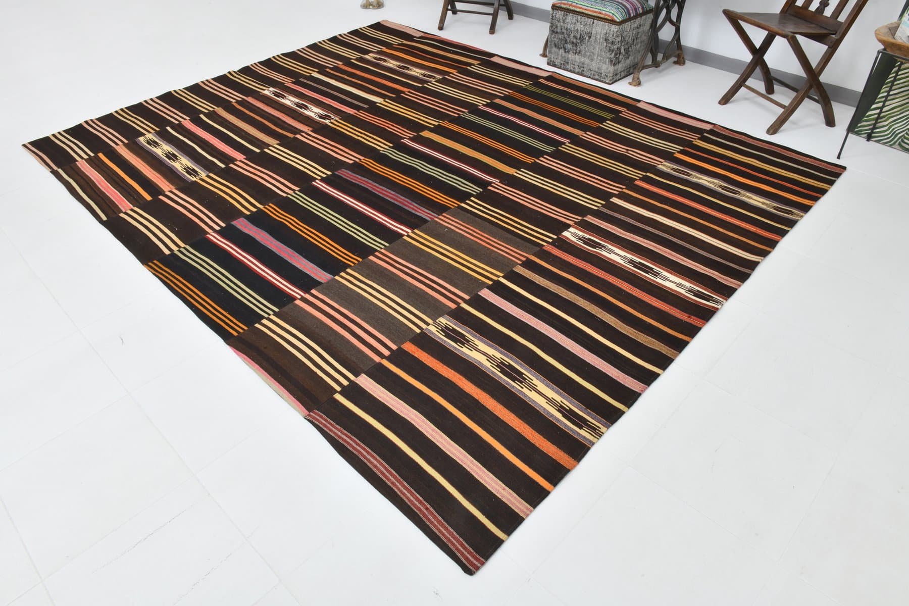 Kilim 320x252 cm, brązowy, czerwony, wełna, lata 70. - 215757