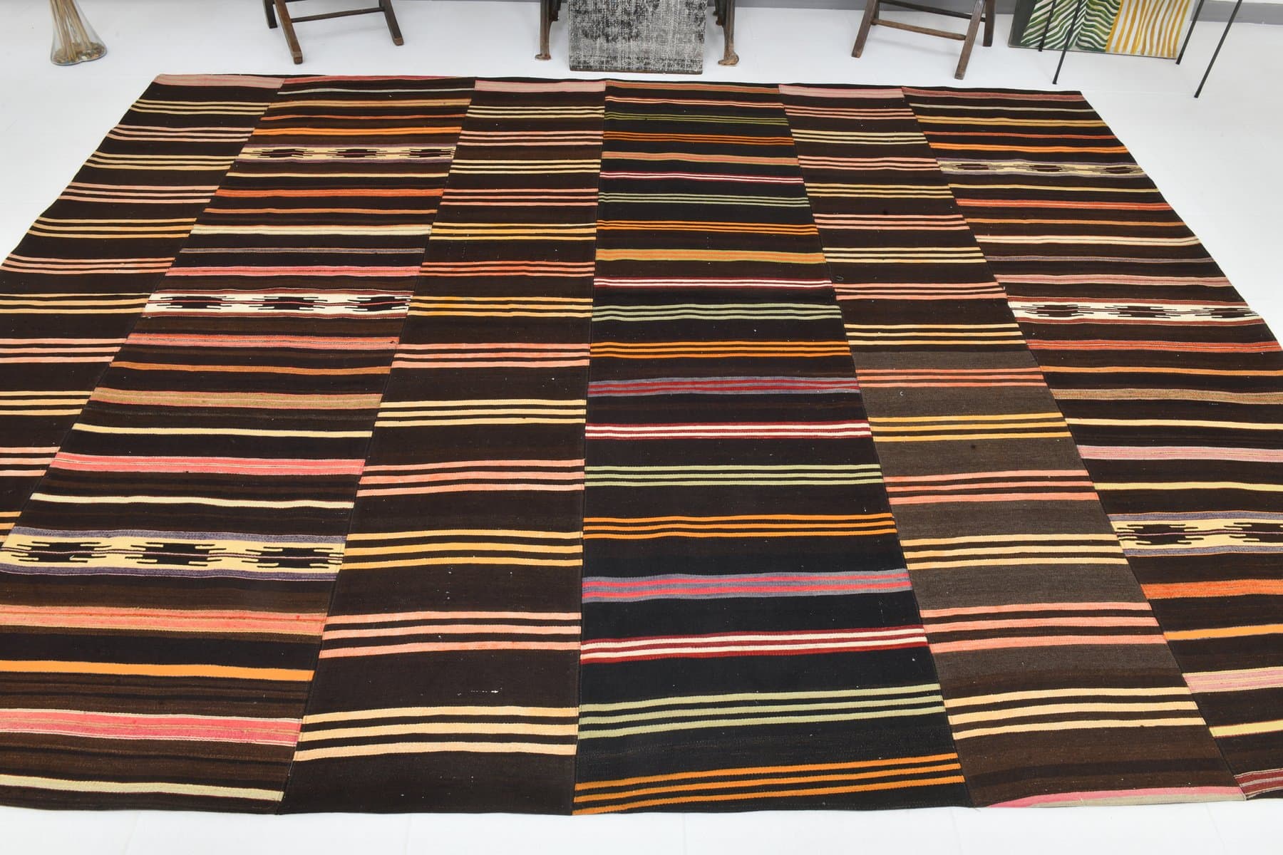 Kilim 320x252 cm, brązowy, czerwony, wełna, lata 70. - 215758