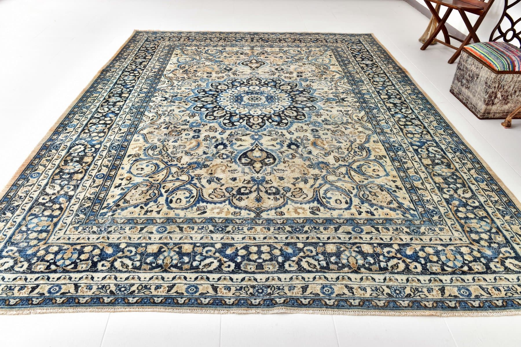 Rug 343x260 cm, turquoise, grey, wool, 1960s - 215744