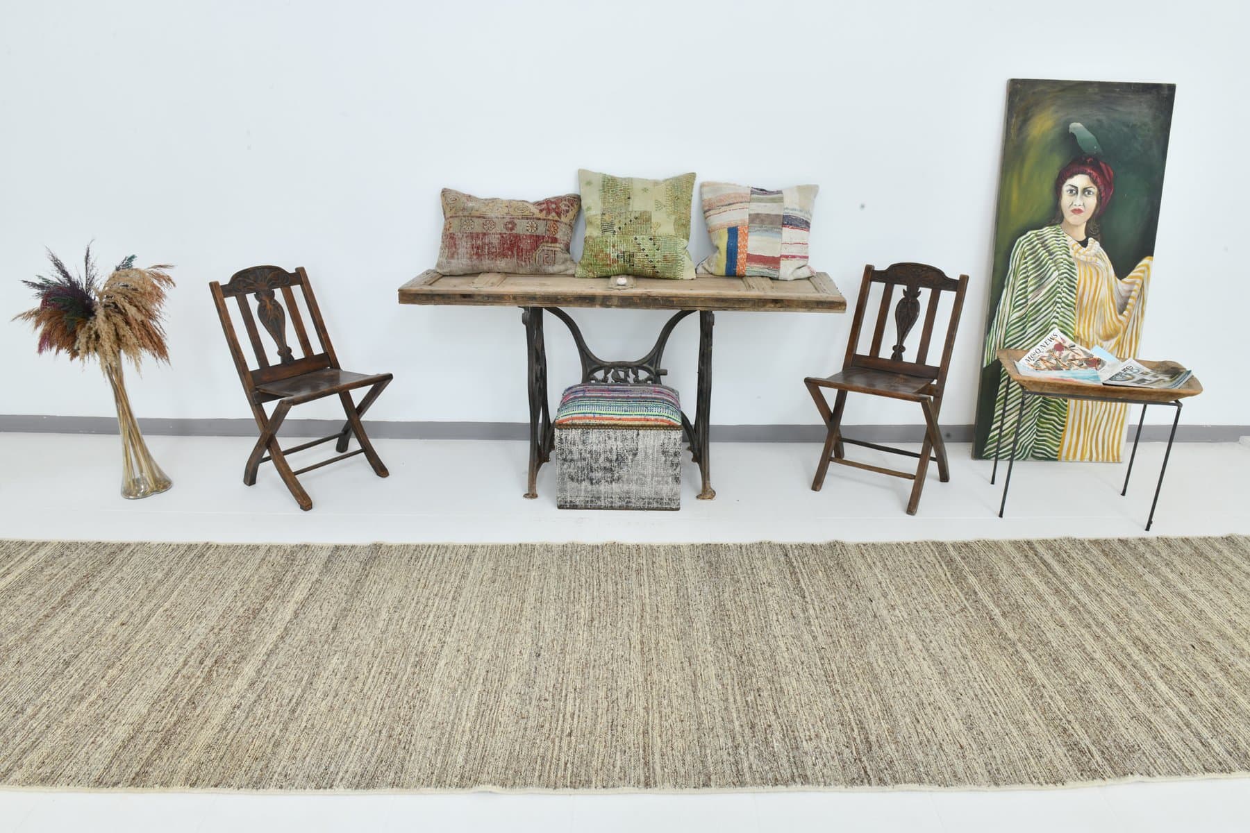 Chodnik 114x632 cm, beżowy, brązowy, wełna, lata 70. - 215720