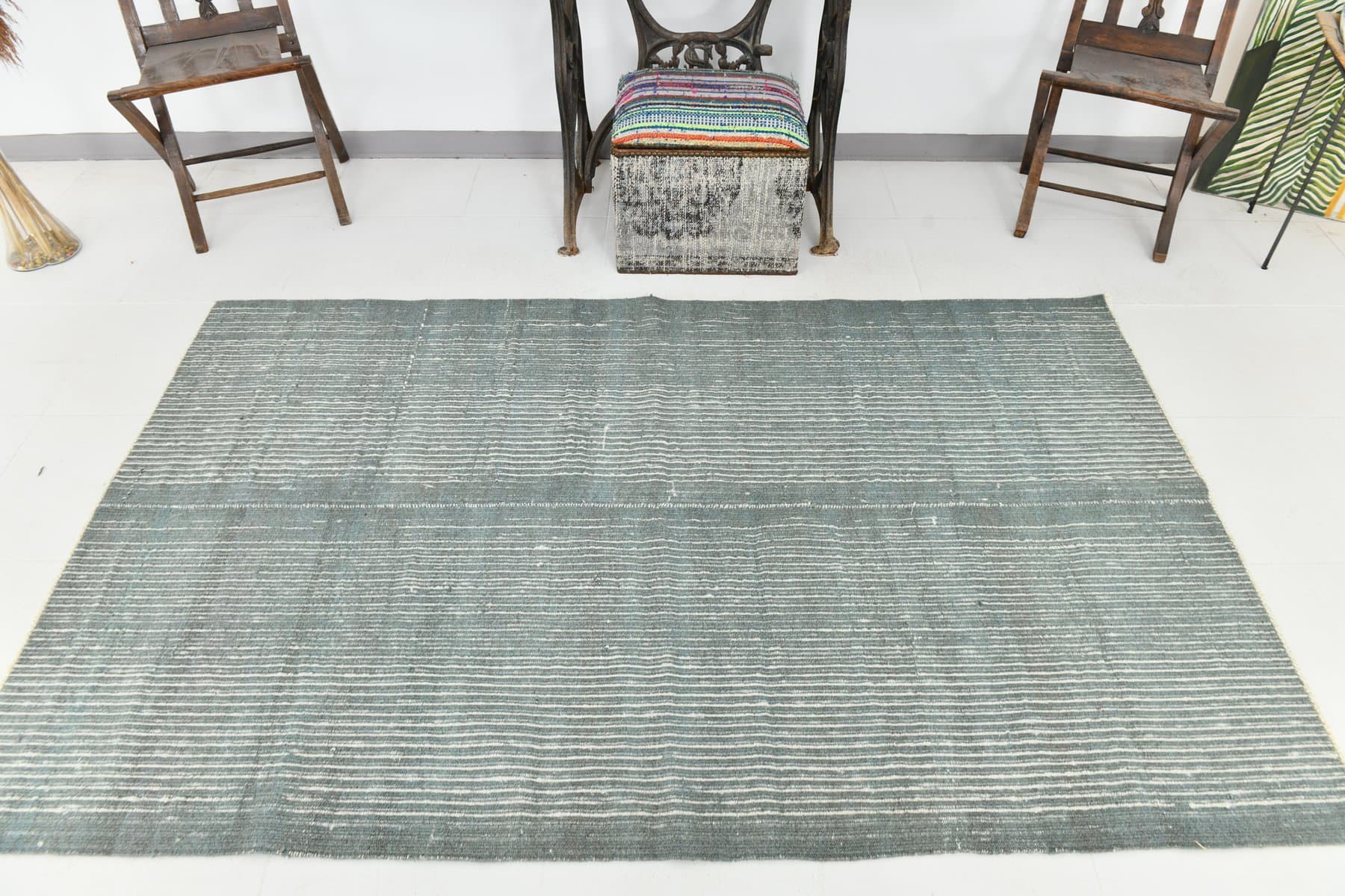 Kilim 221x135 cm, turkusowy, wełna, lata 70. - 215695