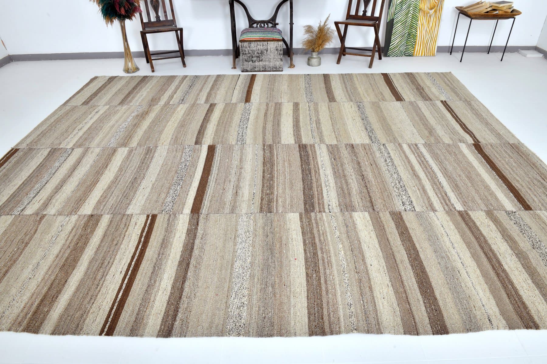 Kilim 393x310 cm, beżowy, wełna, lata 70. - 216670