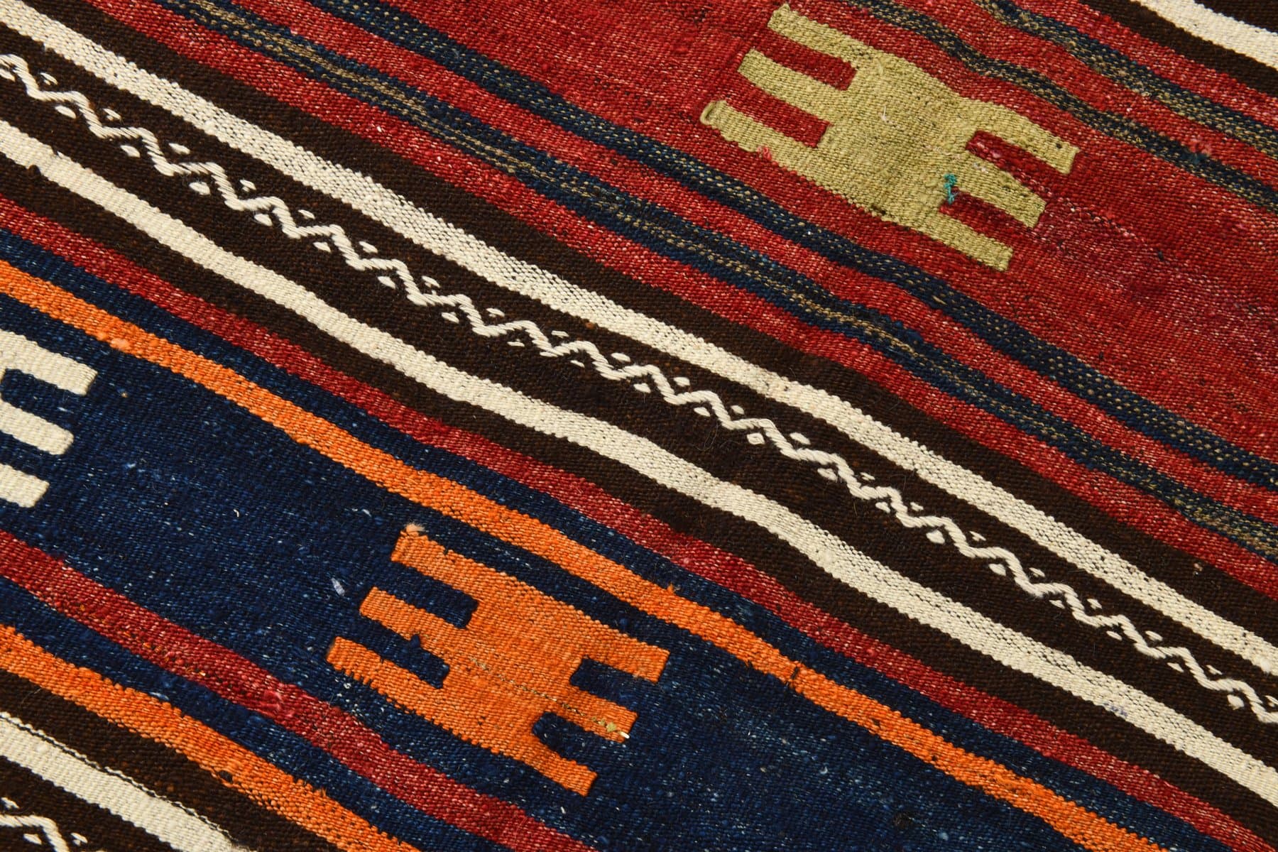 Kilim 189x152 cm, ceglastoczerwony, granatowy, wełna, lata 70. - 216649