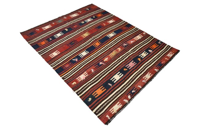 Kilim 189x152 cm, ceglastoczerwony, granatowy, wełna, lata 70. - WYMIARY