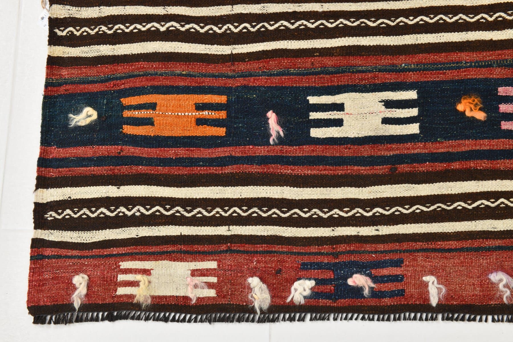 Kilim 189x152 cm, ceglastoczerwony, granatowy, wełna, lata 70. - 216652