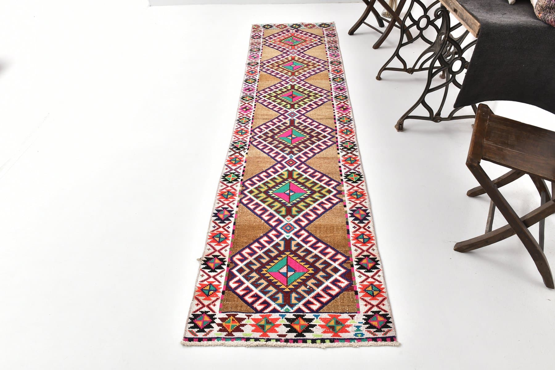 Chodnik 77x316 cm, brązowy, zielony, wełna, lata 70. - 216600