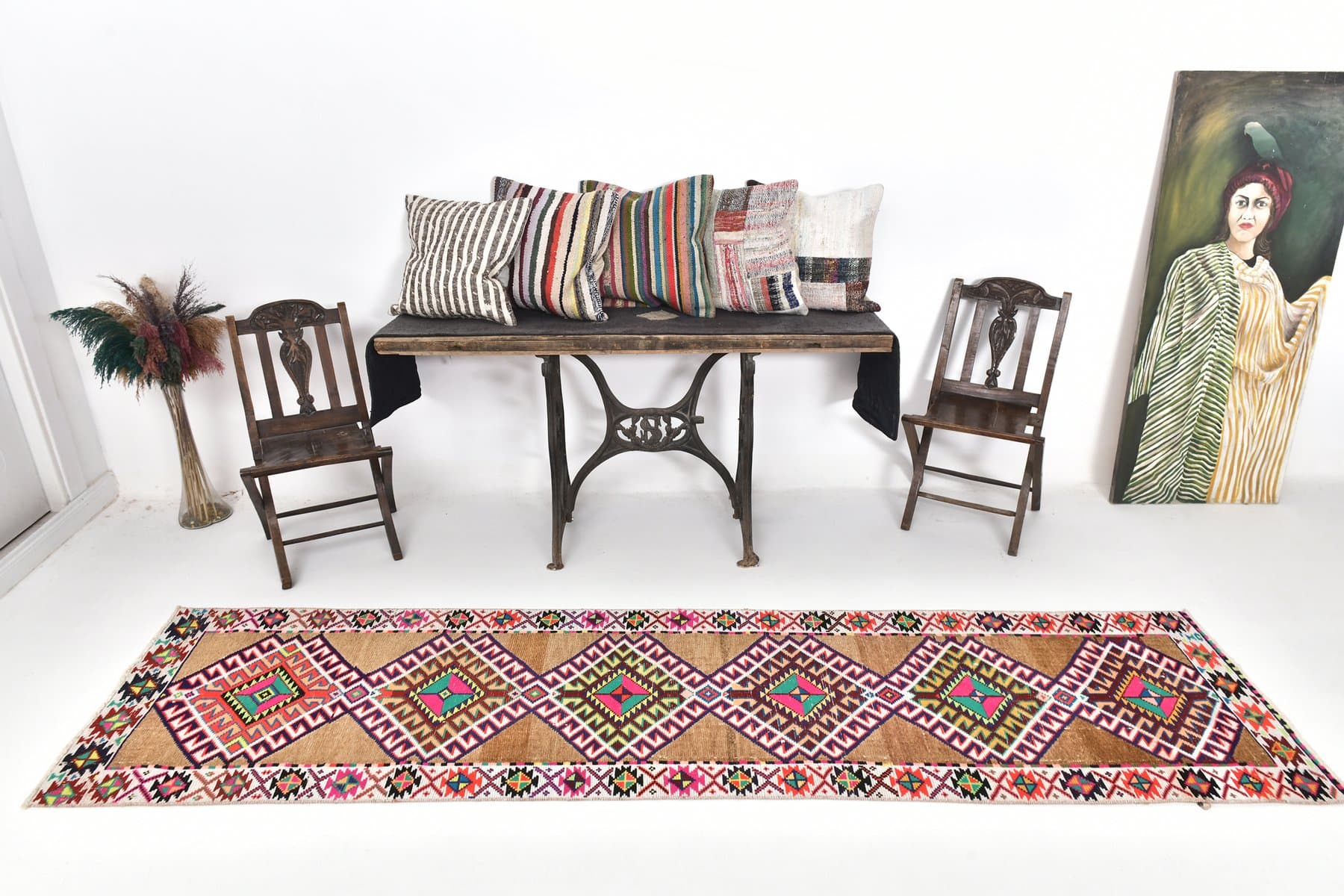 Chodnik 77x316 cm, brązowy, zielony, wełna, lata 70. - 216603