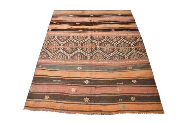 Kilim 148x184 cm, szary, pomarańczowy, wełna, lata 70. - WYMIARY