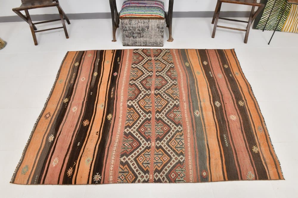 Kilim 148x184 cm, szary, pomarańczowy, wełna, lata 70. - 216445