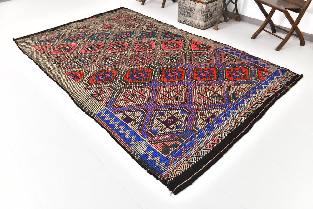 Kilim 178x297 cm, brązowy, różowy, wełna, lata 70. - 216435